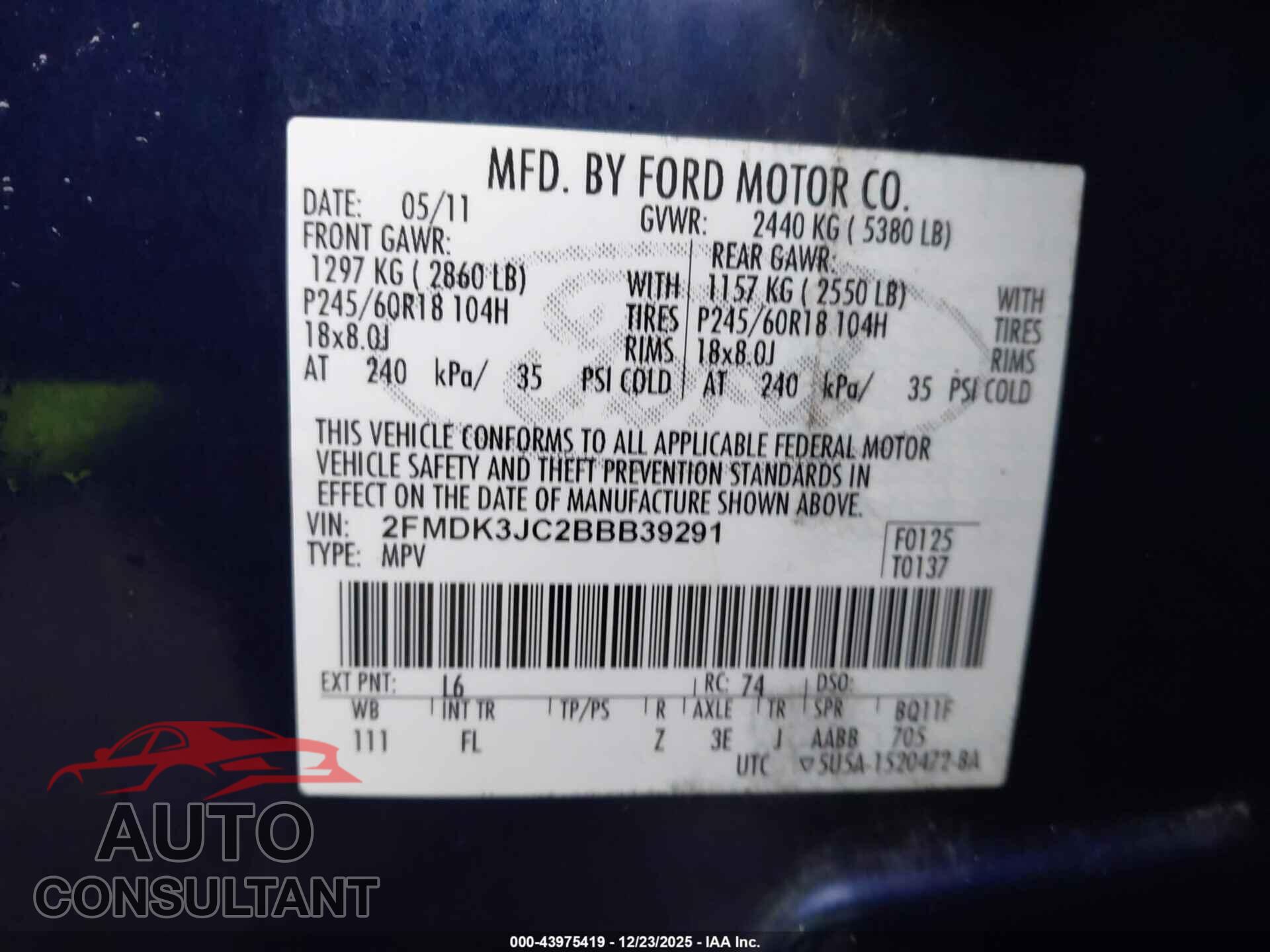 FORD EDGE 2011 - 2FMDK3JC2BBB39291