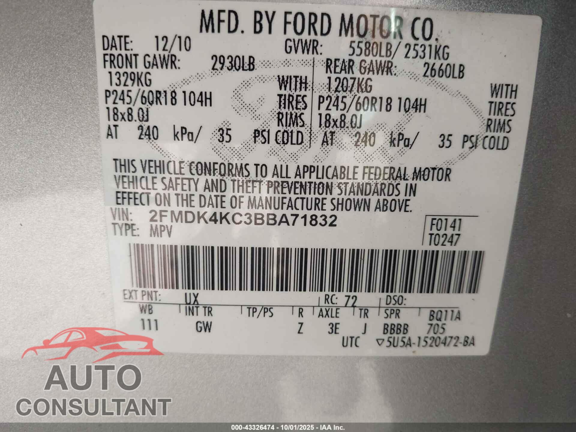 FORD EDGE 2011 - 2FMDK4KC3BBA71832