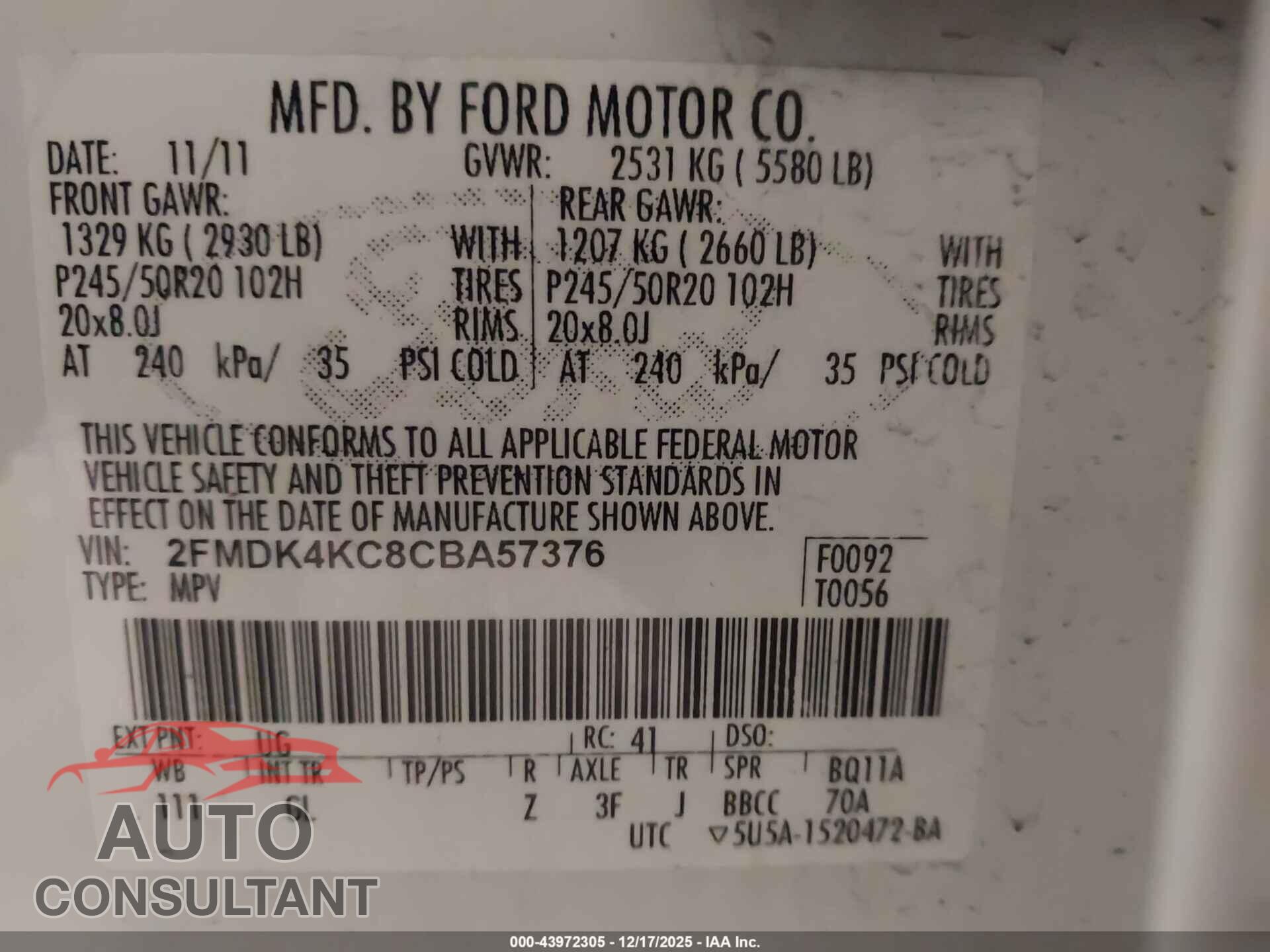 FORD EDGE 2012 - 2FMDK4KC8CBA57376