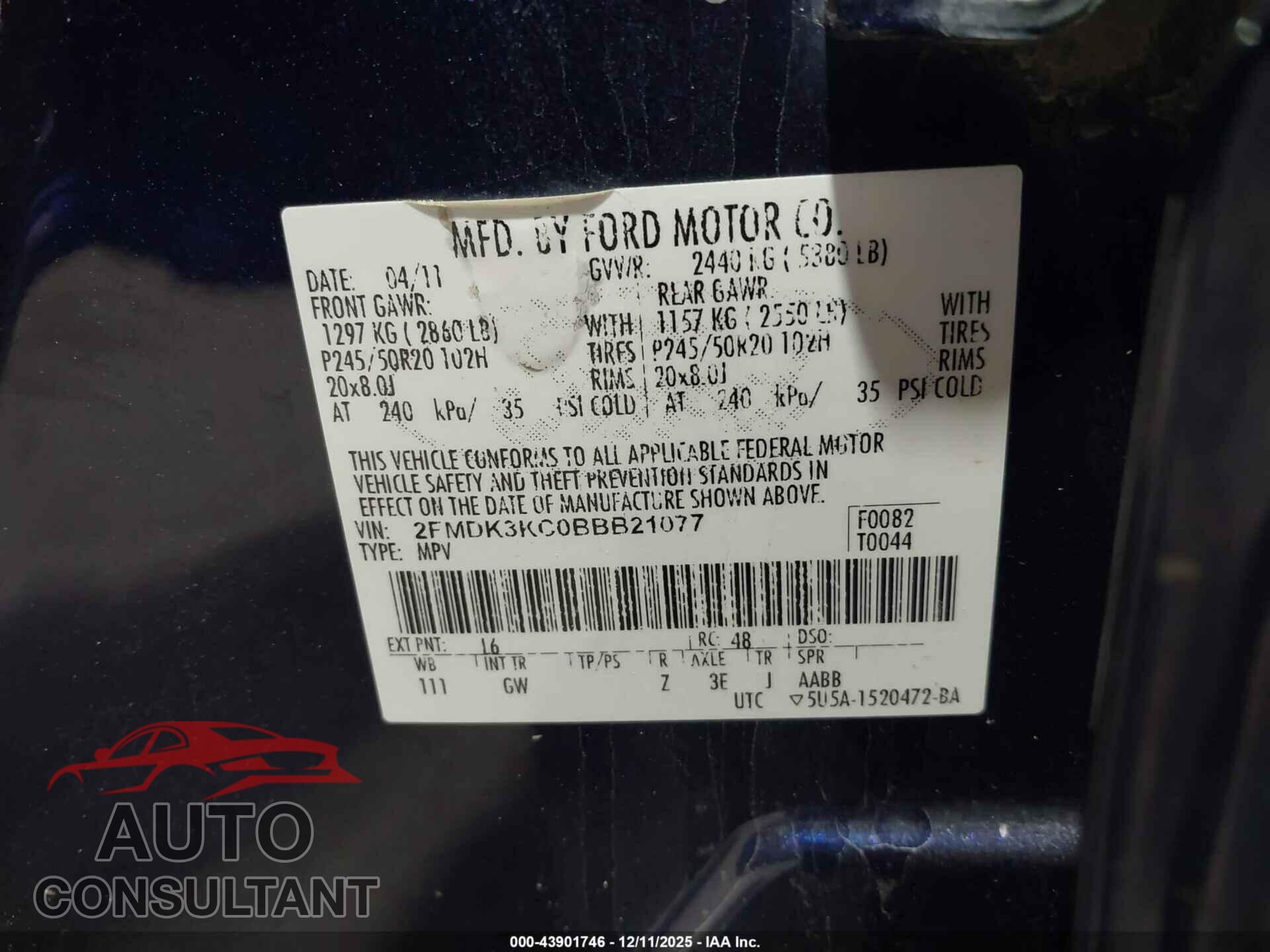 FORD EDGE 2011 - 2FMDK3KC0BBB21077