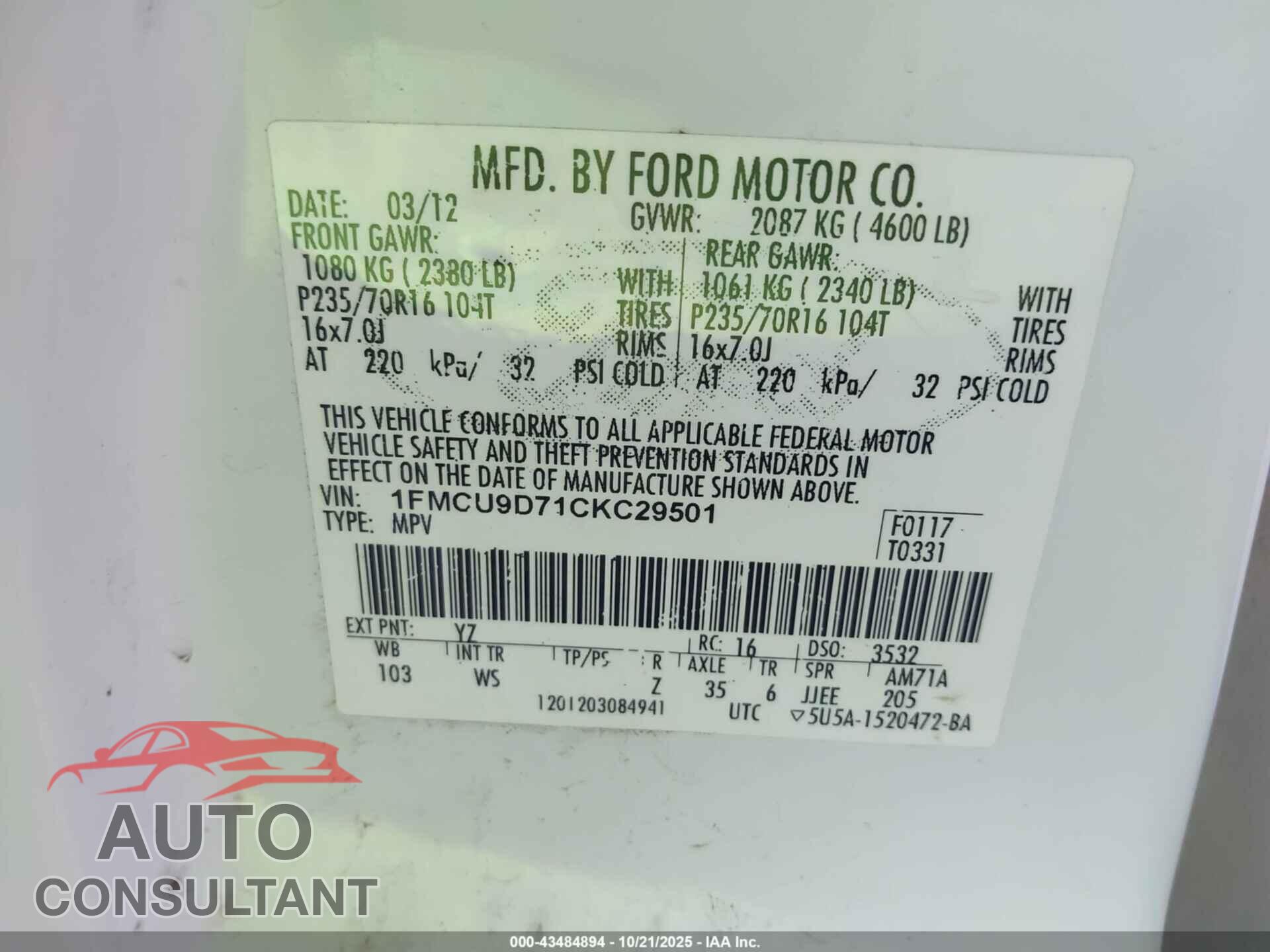FORD ESCAPE 2012 - 1FMCU9D71CKC29501
