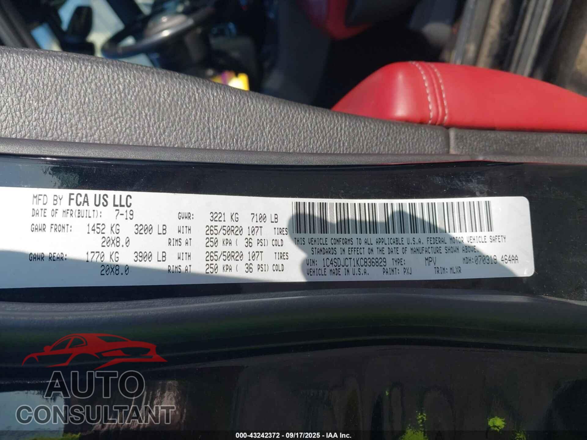 DODGE DURANGO 2019 - 1C4SDJCT1KC836829