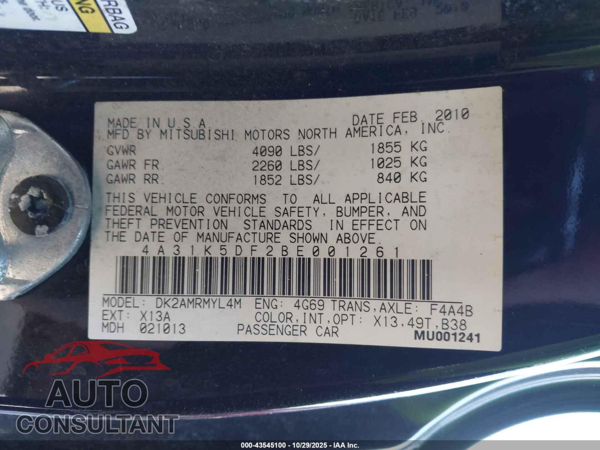 MITSUBISHI ECLIPSE 2011 - 4A31K5DF2BE001261