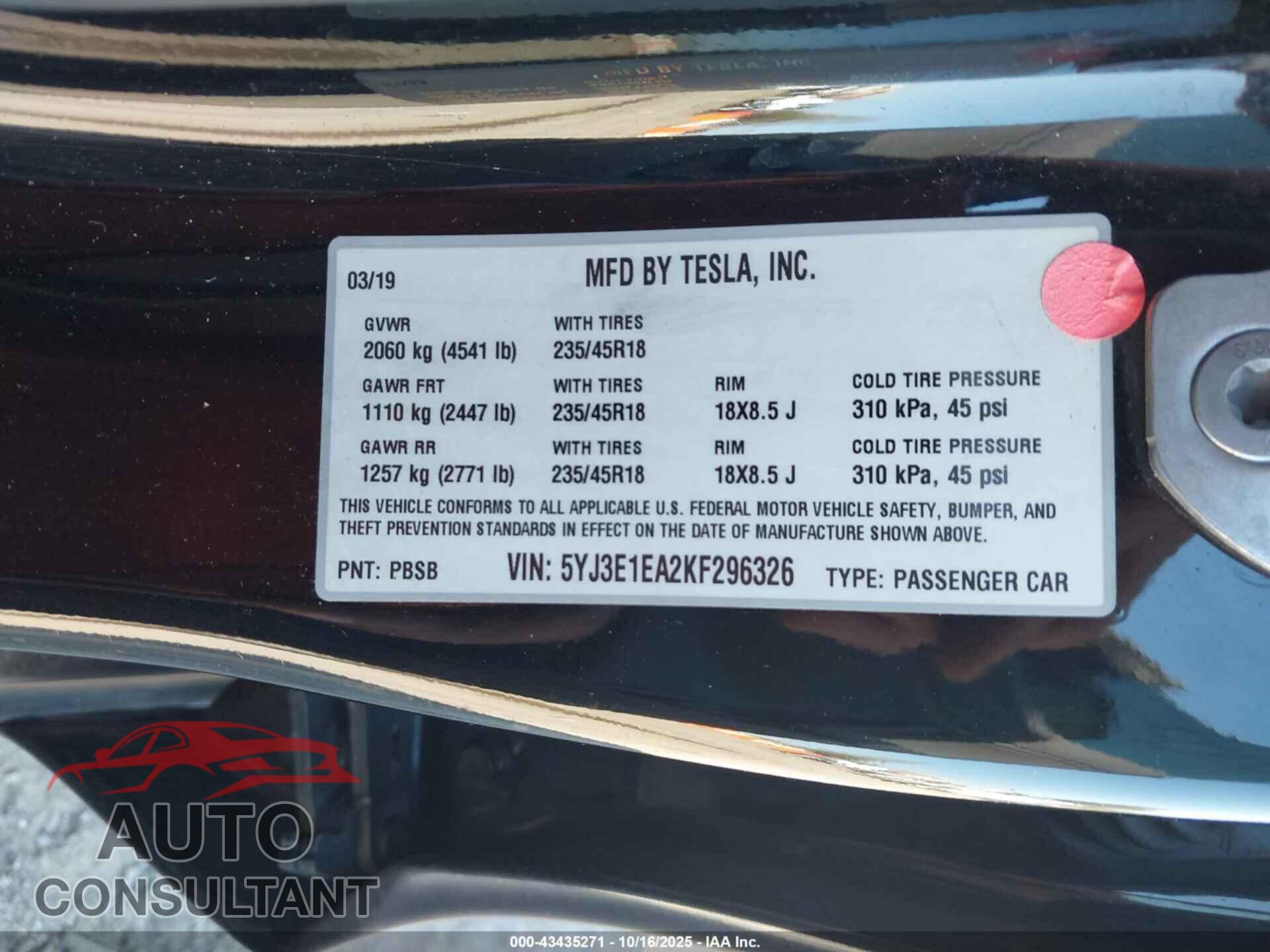 TESLA MODEL 3 2019 - 5YJ3E1EA2KF296326