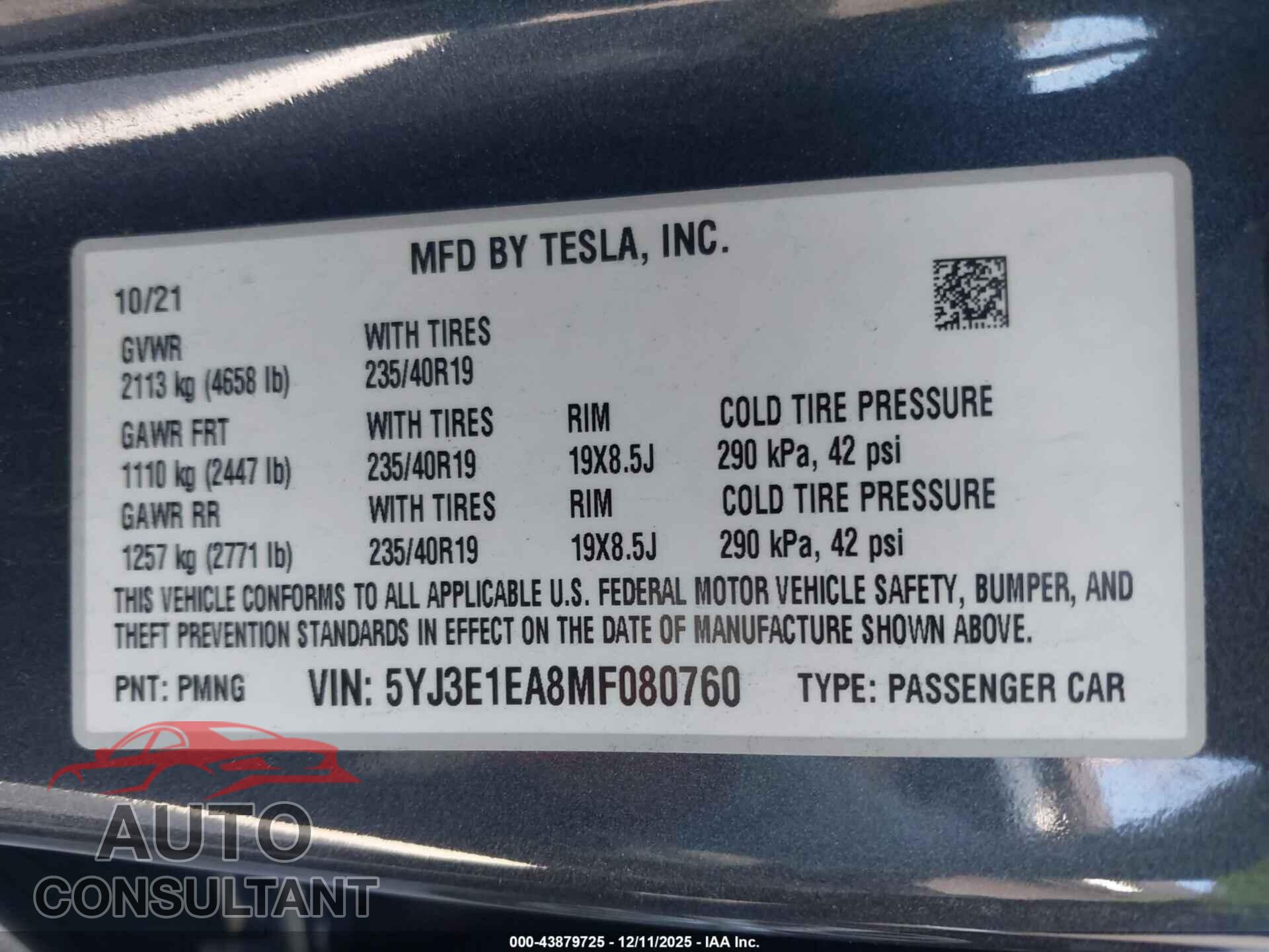 TESLA MODEL 3 2021 - 5YJ3E1EA8MF080760