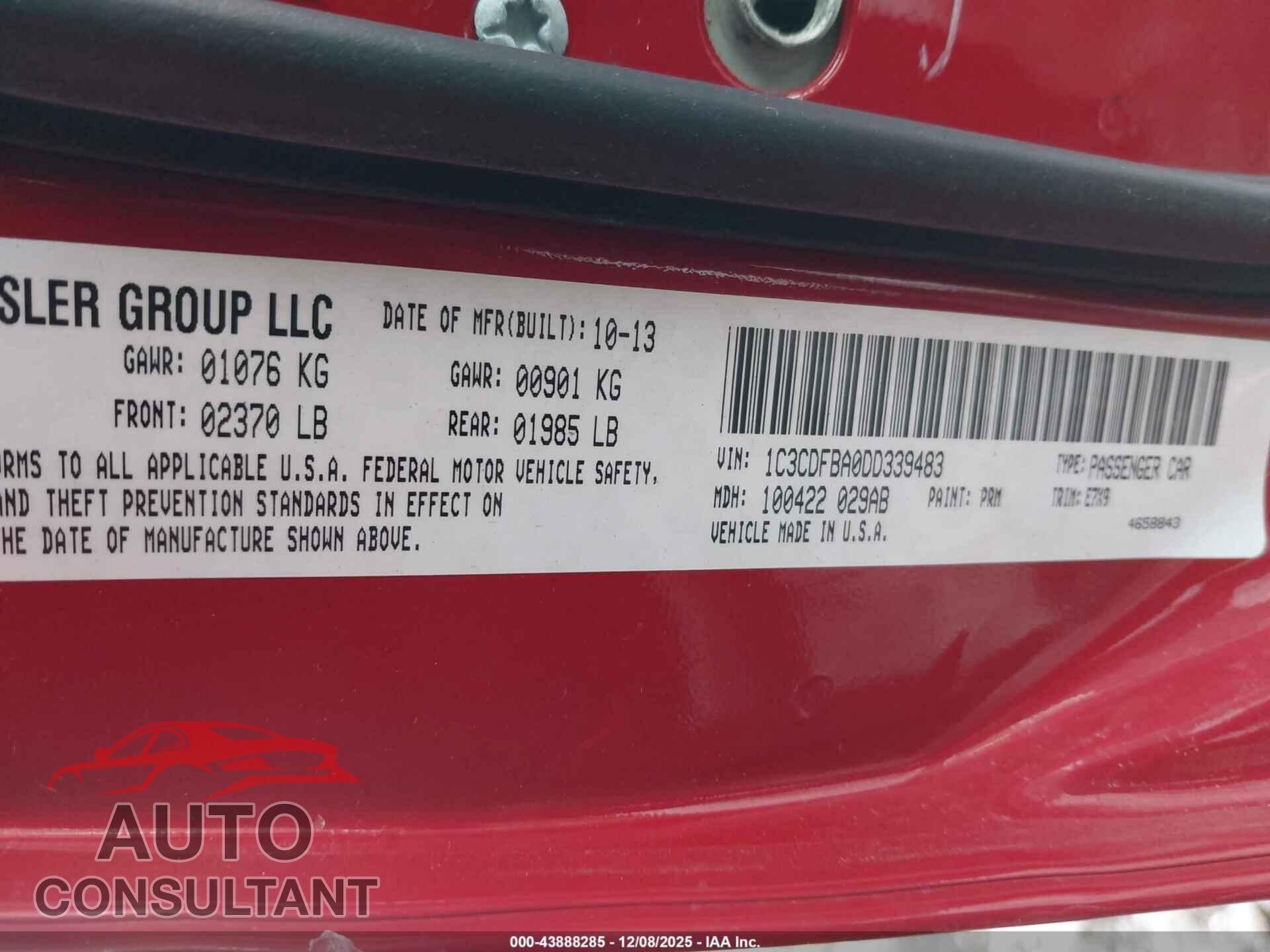 DODGE DART 2013 - 1C3CDFBA0DD339483