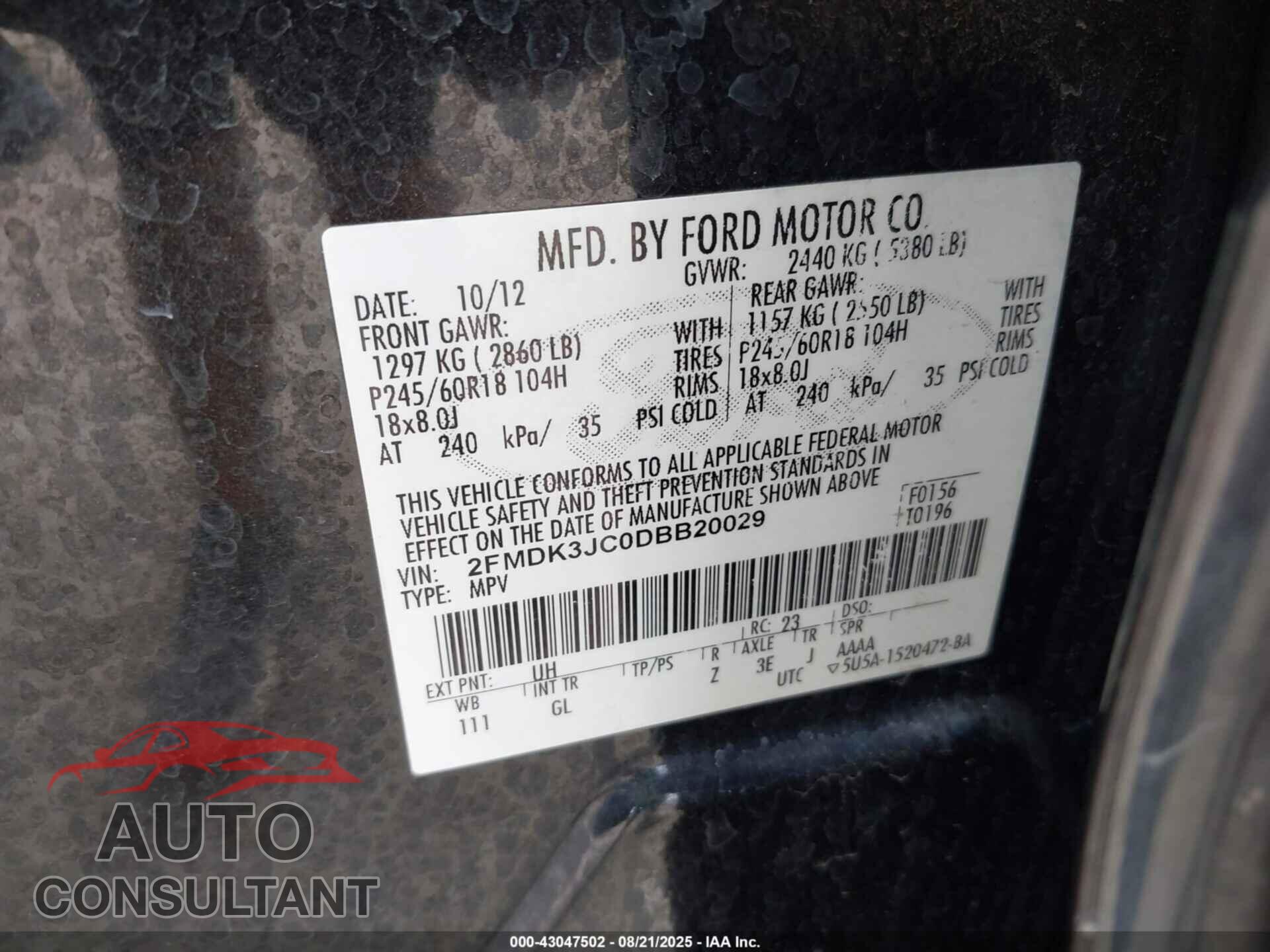 FORD EDGE 2013 - 2FMDK3JC0DBB20029
