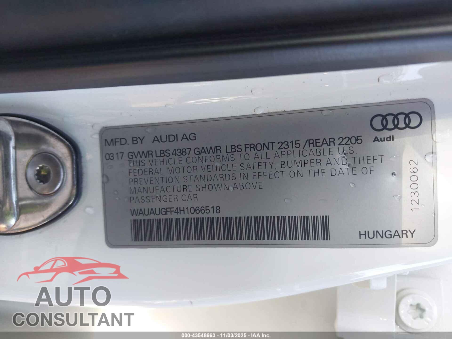 AUDI A3 2017 - WAUAUGFF4H1066518