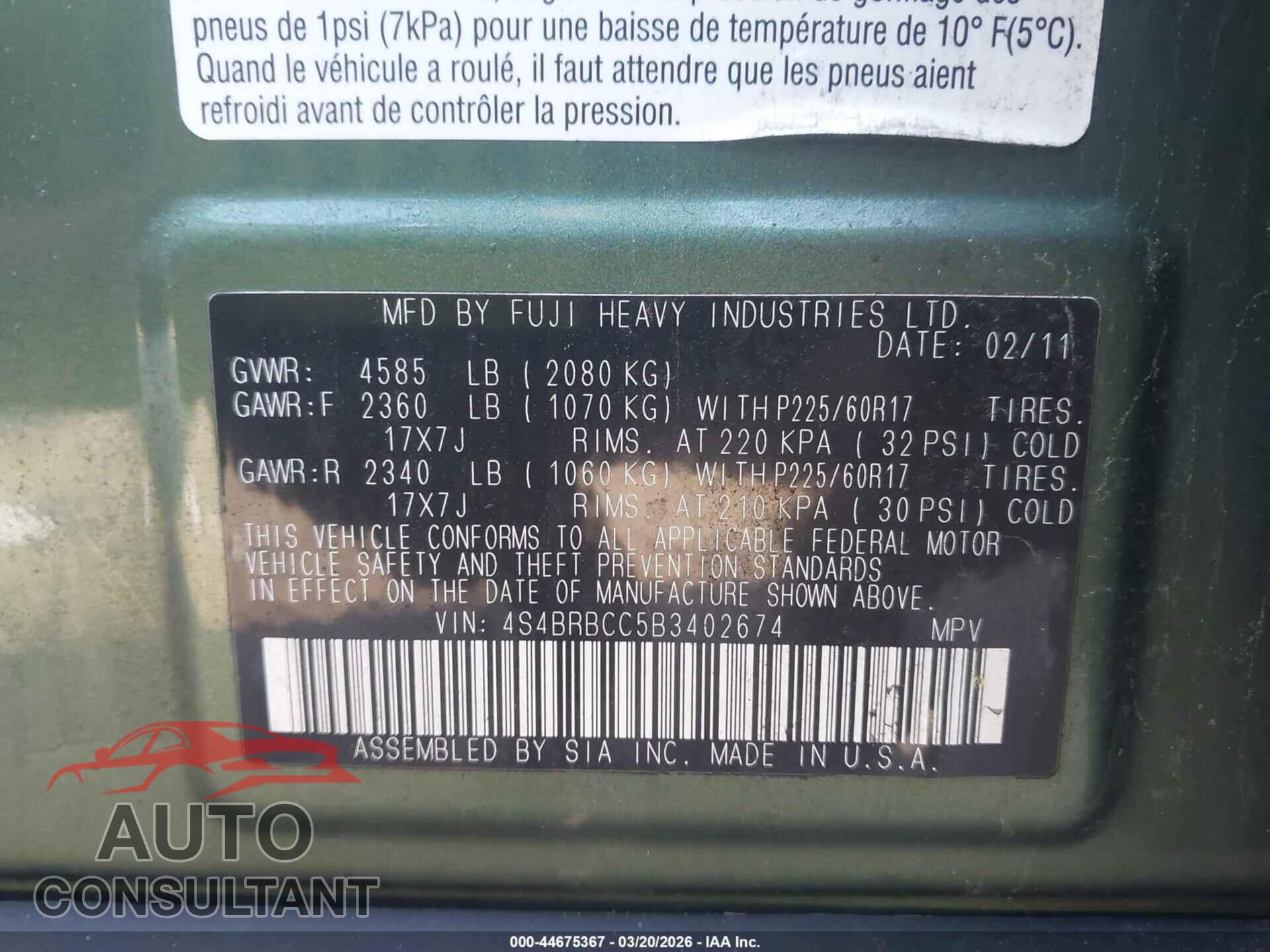 SUBARU OUTBACK 2011 - 4S4BRBCC5B3402674