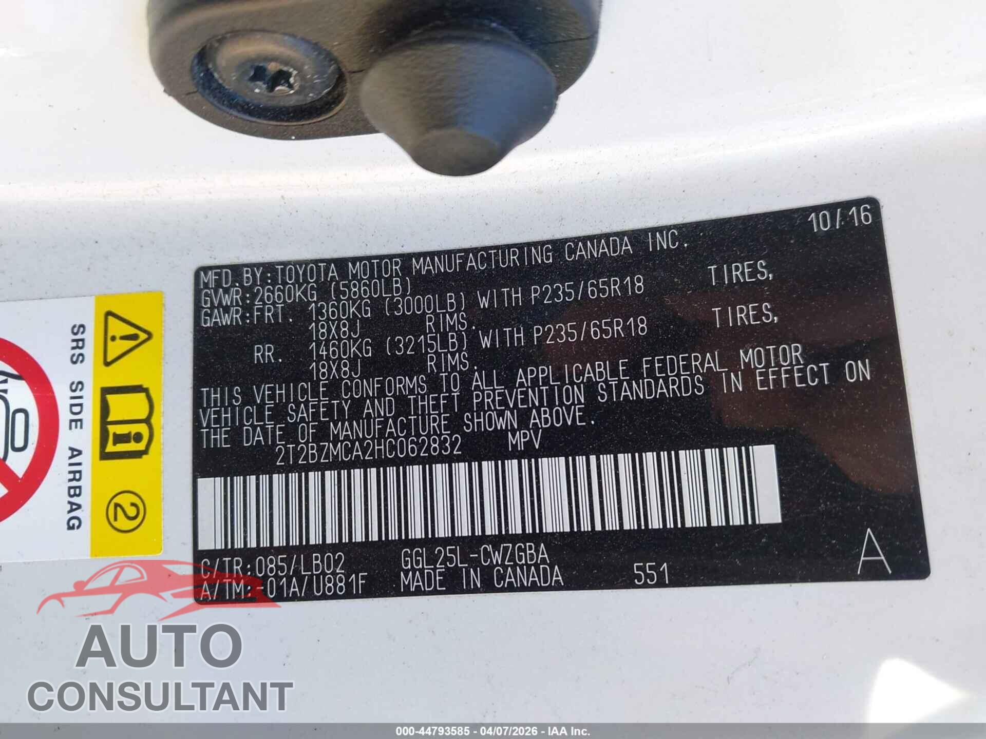 LEXUS RX 350 2017 - 2T2BZMCA2HC062832