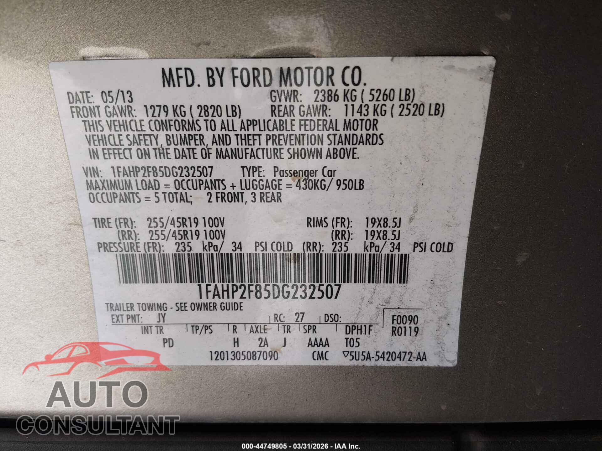 FORD TAURUS 2013 - 1FAHP2F85DG232507