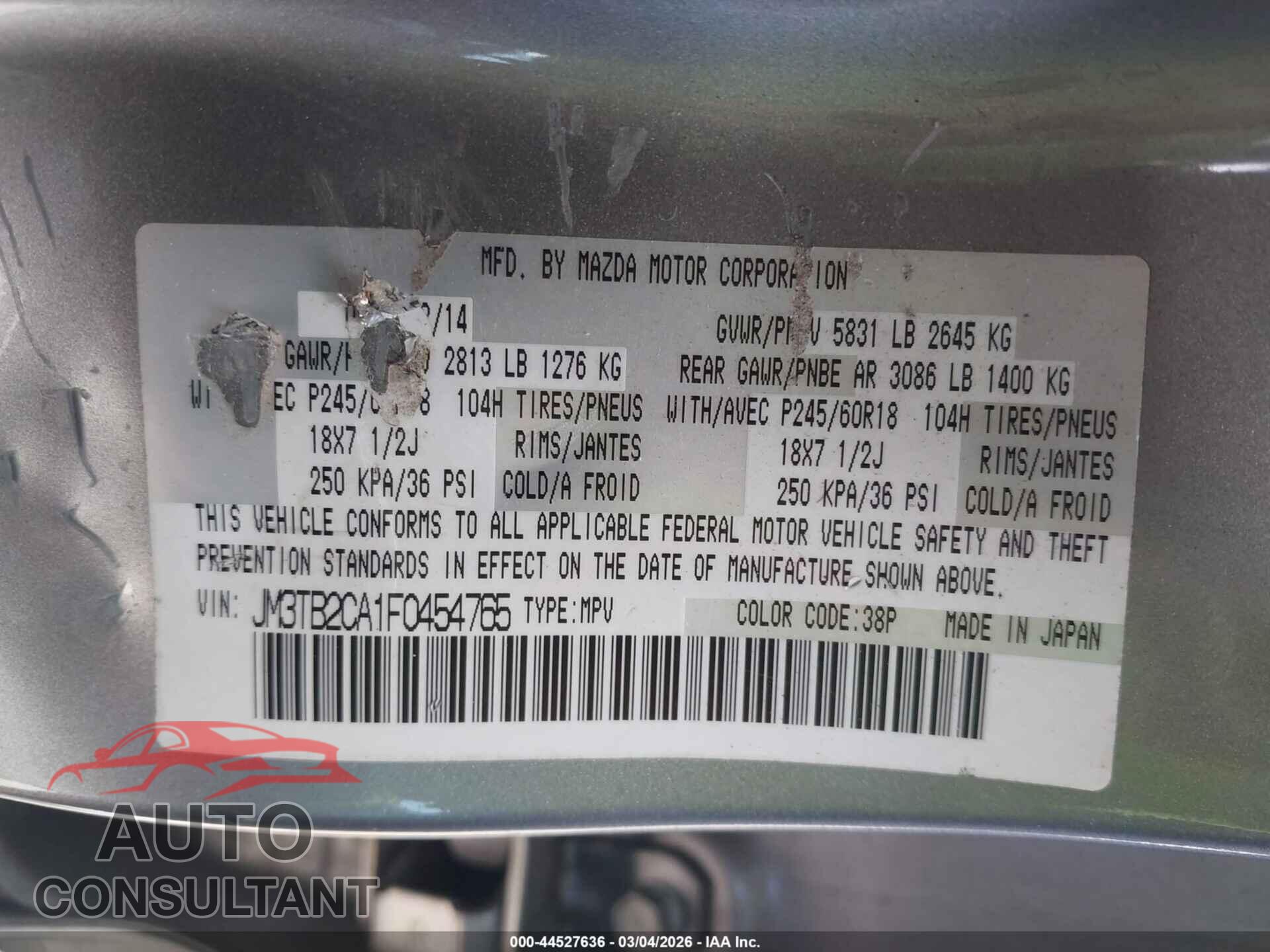 MAZDA CX-9 2015 - JM3TB2CA1F0454765