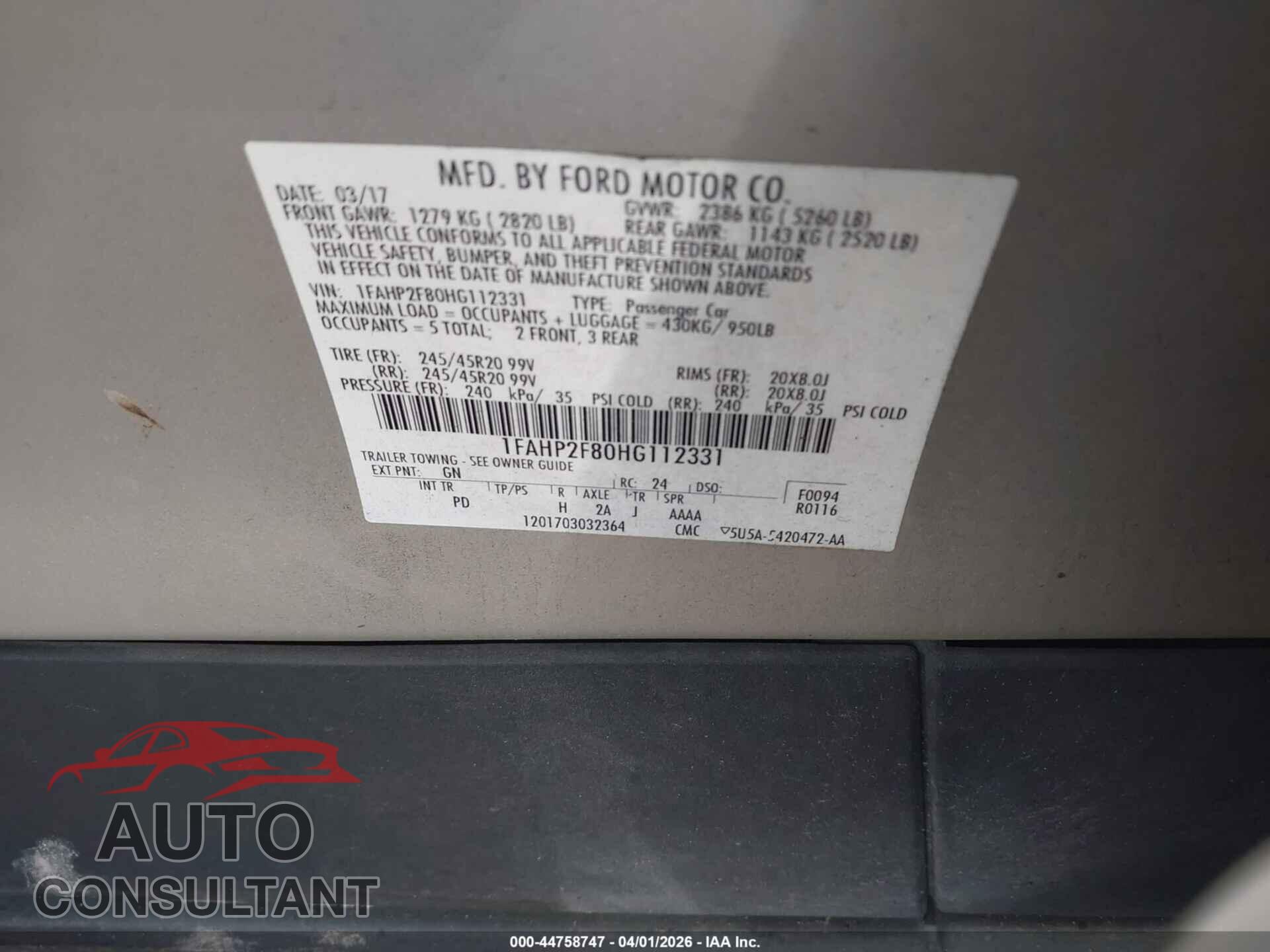 FORD TAURUS 2017 - 1FAHP2F80HG112331
