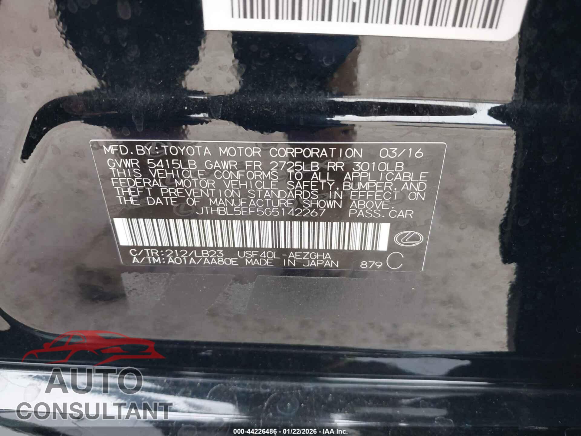 LEXUS LS 460 2016 - JTHBL5EF5G5142267
