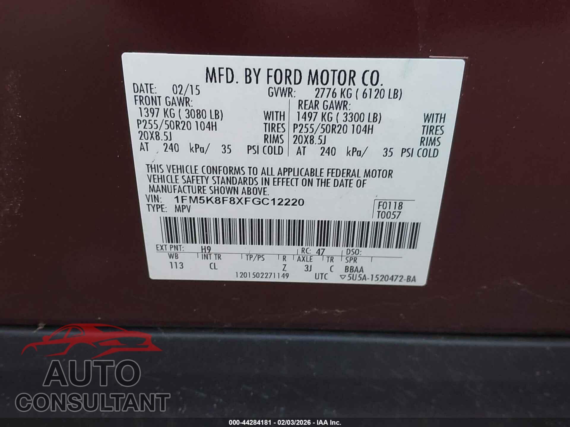 FORD EXPLORER 2015 - 1FM5K8F8XFGC12220