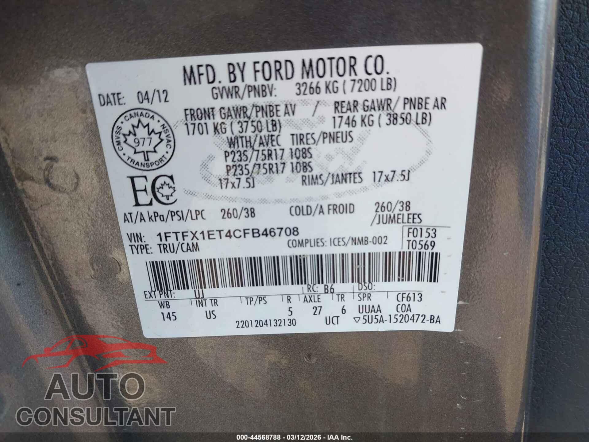 FORD F-150 2012 - 1FTFX1ET4CFB46708