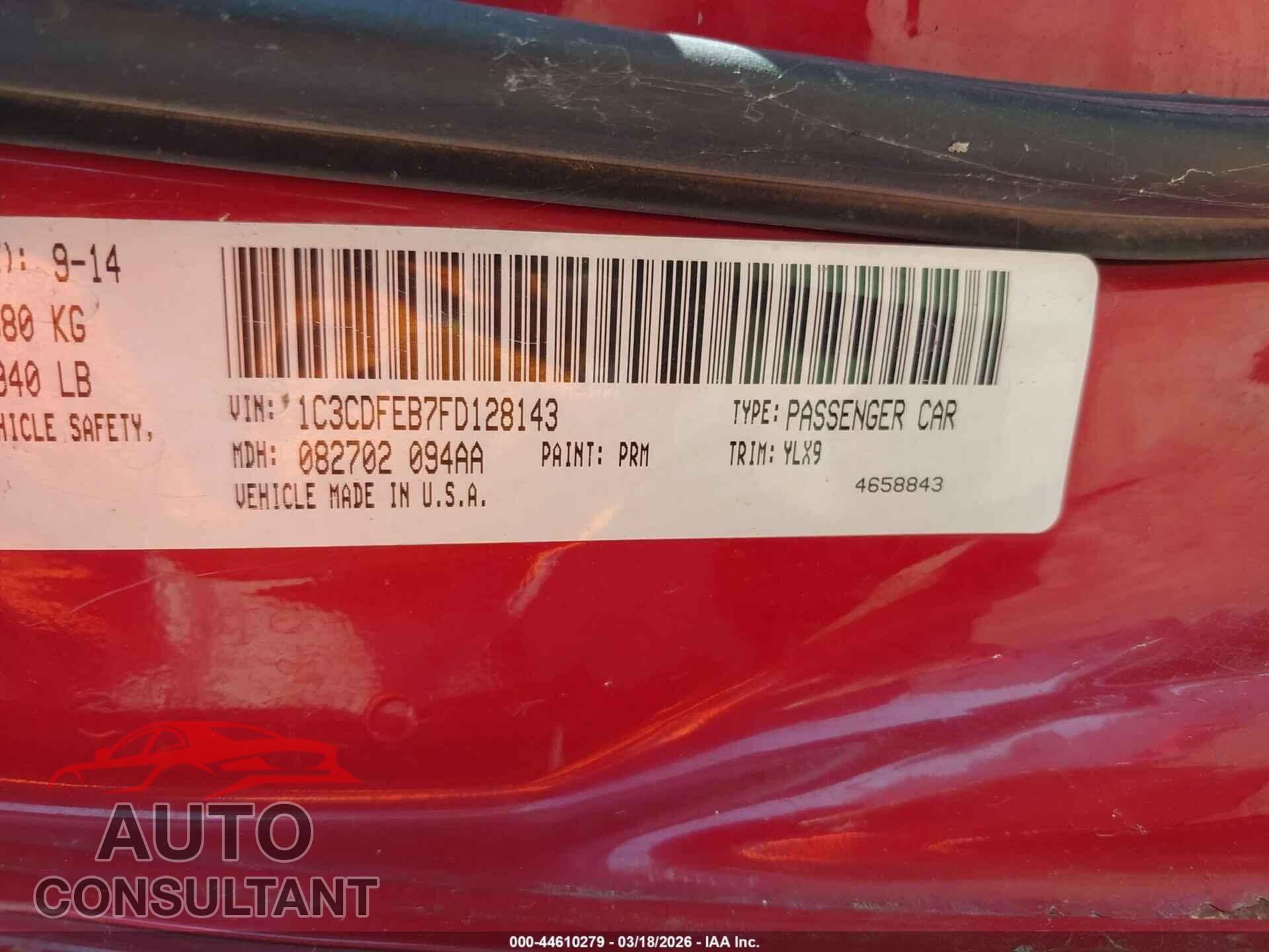 DODGE DART 2015 - 1C3CDFEB7FD128143
