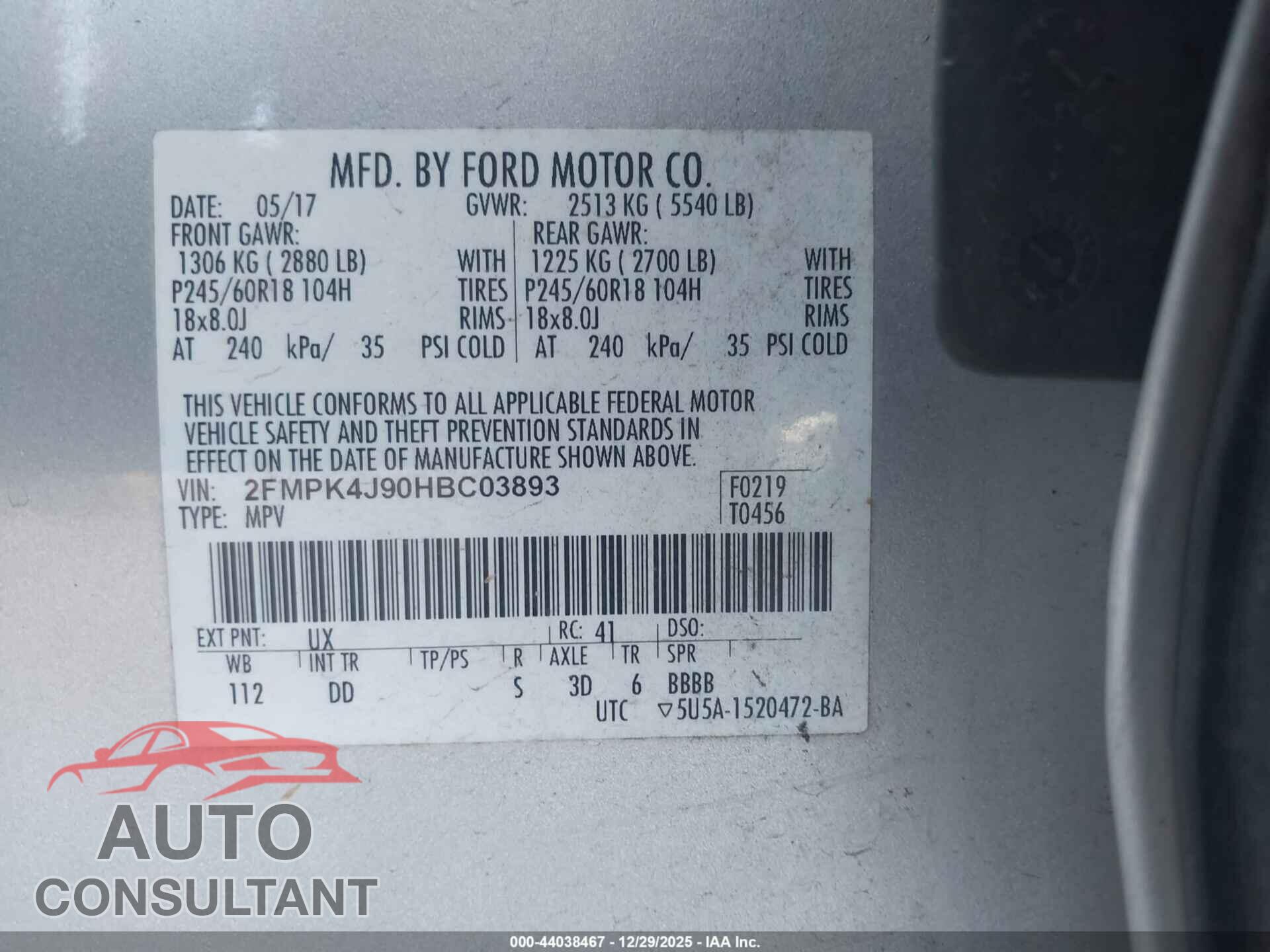 FORD EDGE 2017 - 2FMPK4J90HBC03893