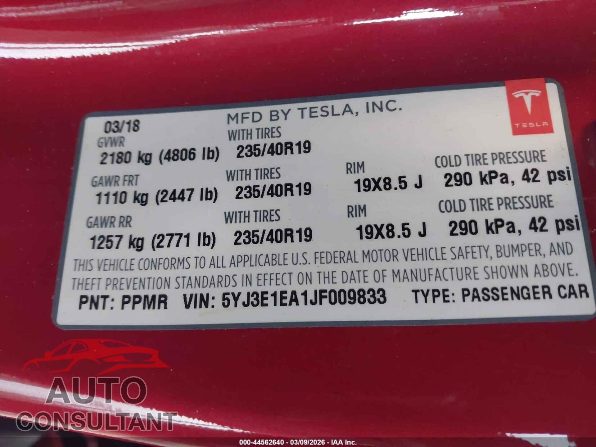 TESLA MODEL 3 2018 - 5YJ3E1EA1JF009833