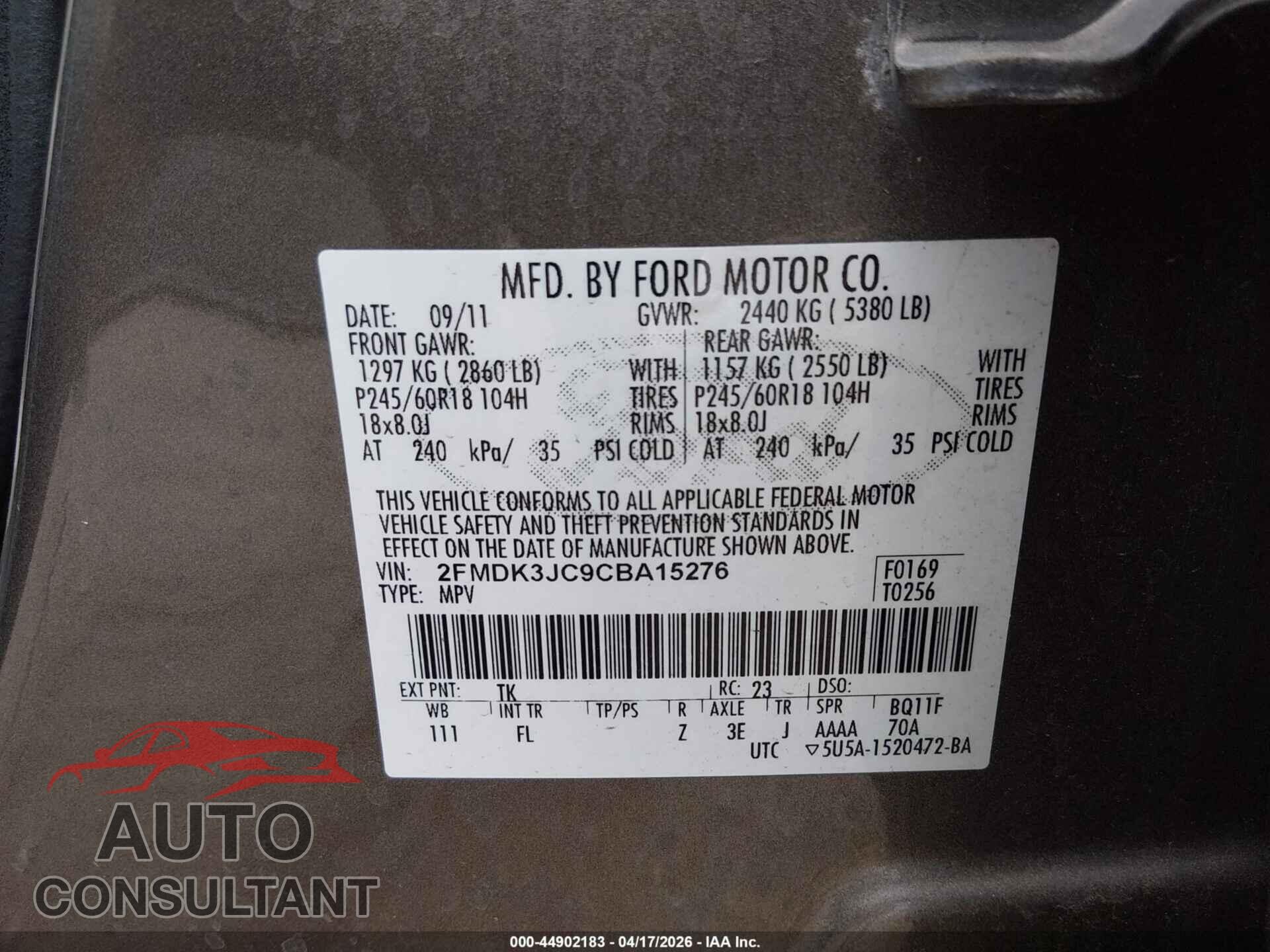 FORD EDGE 2012 - 2FMDK3JC9CBA15276