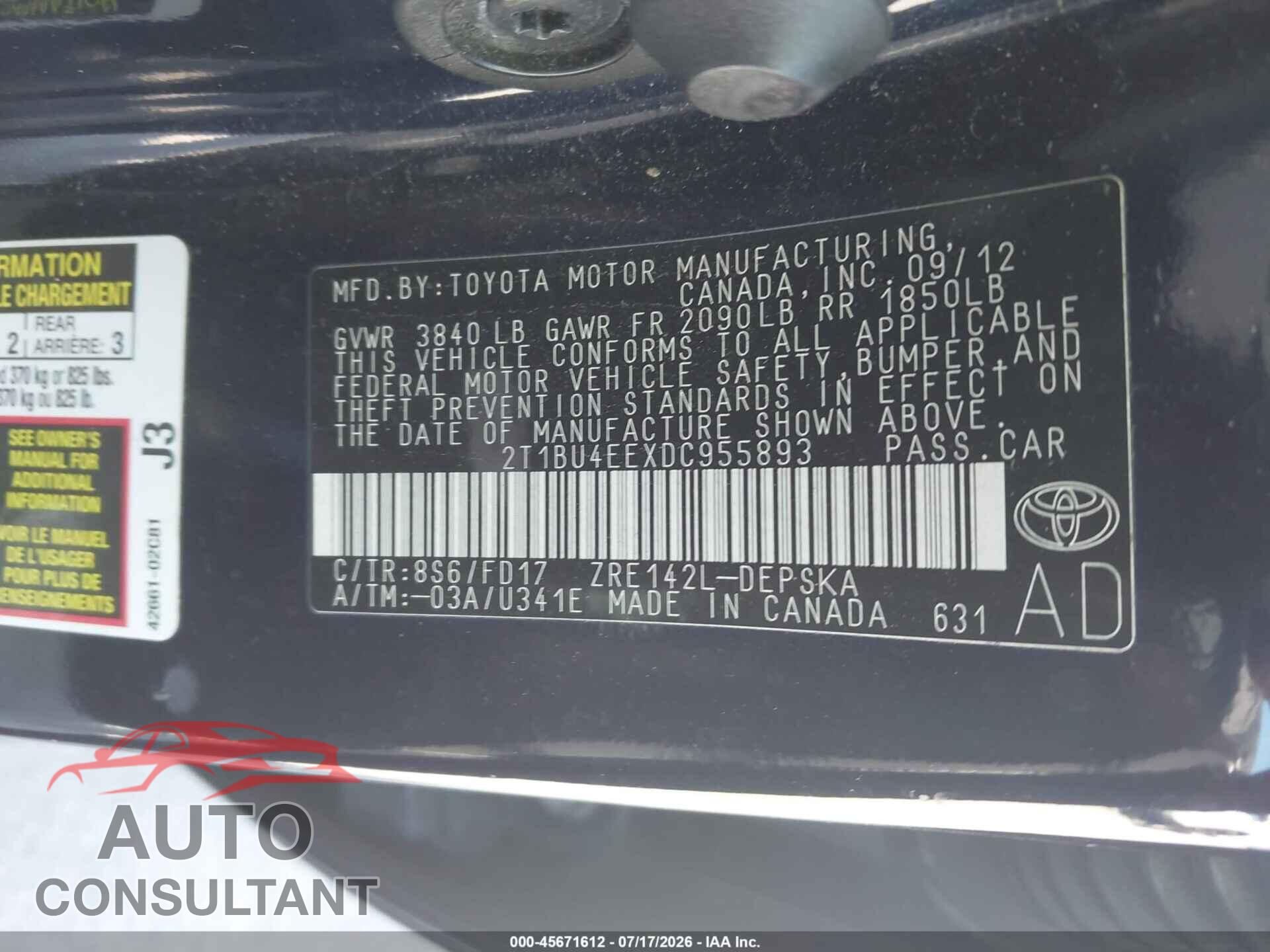 TOYOTA COROLLA 2013 - 2T1BU4EEXDC955893