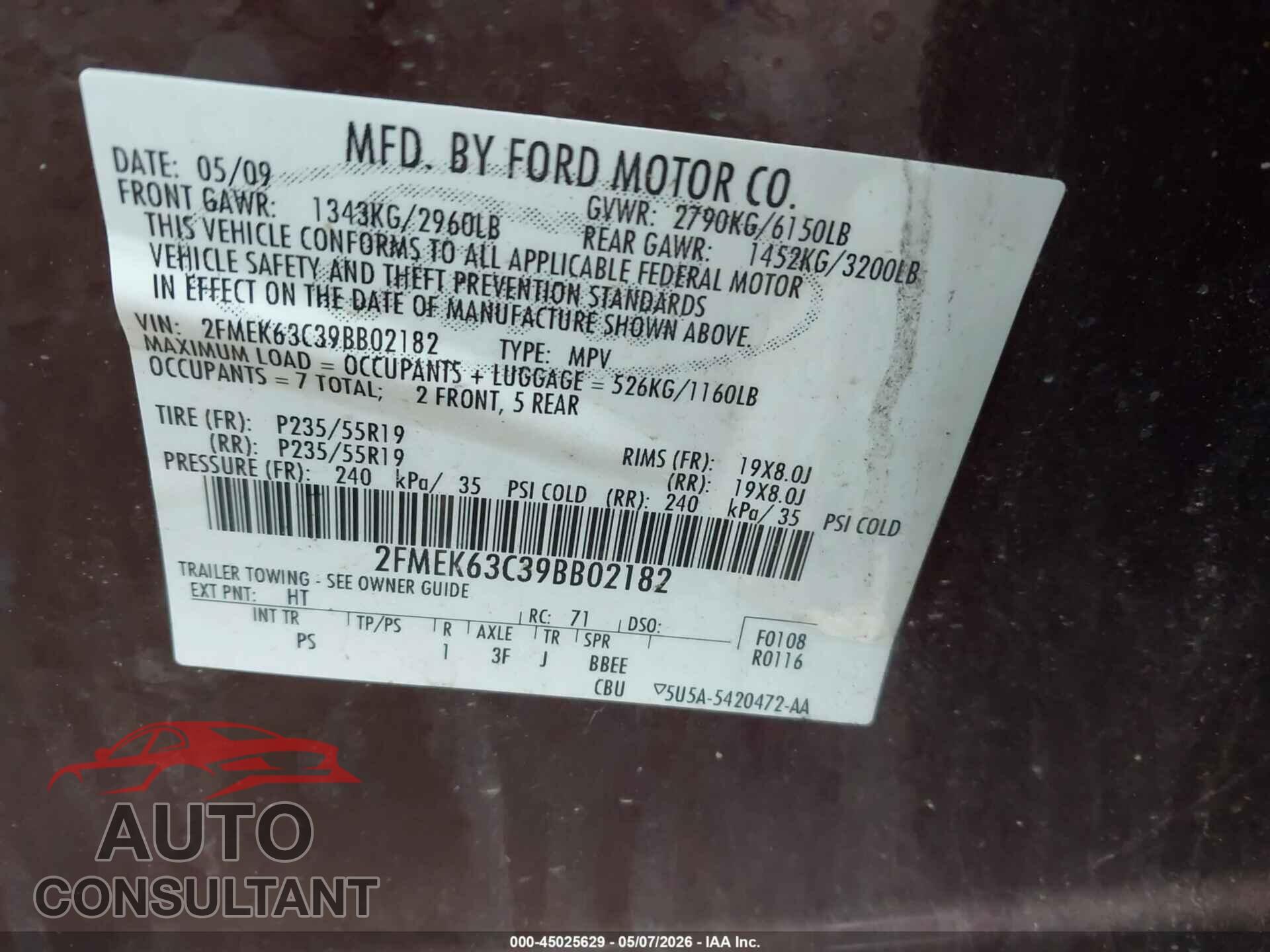 FORD FLEX 2009 - 2FMEK63C39BB02182
