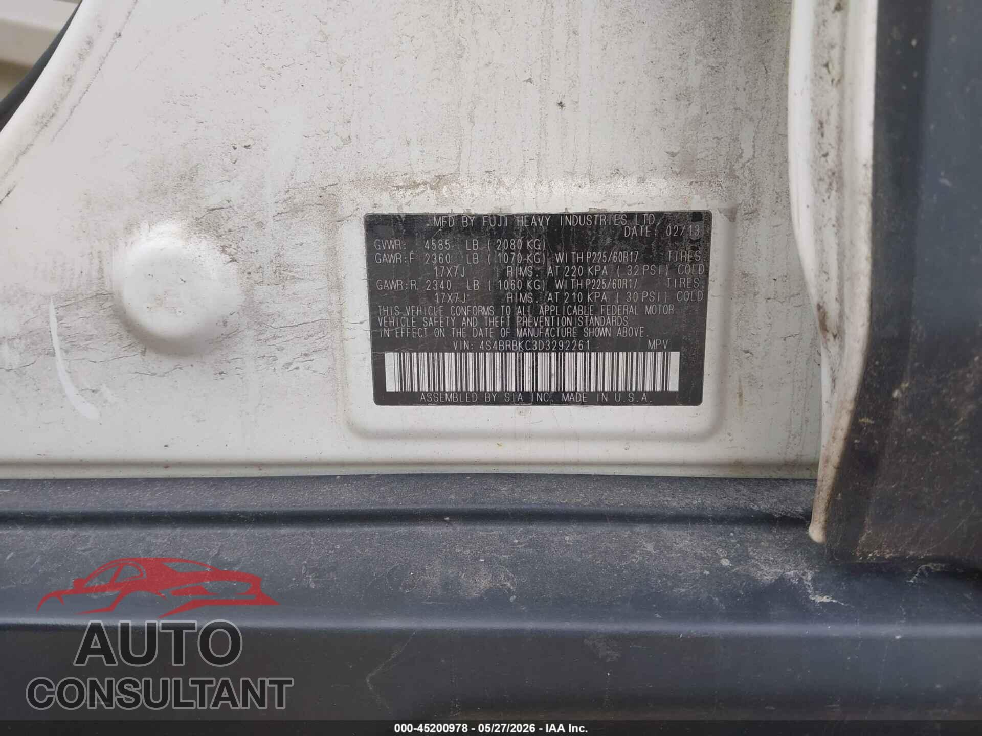 SUBARU OUTBACK 2013 - 4S4BRBKC3D3292261