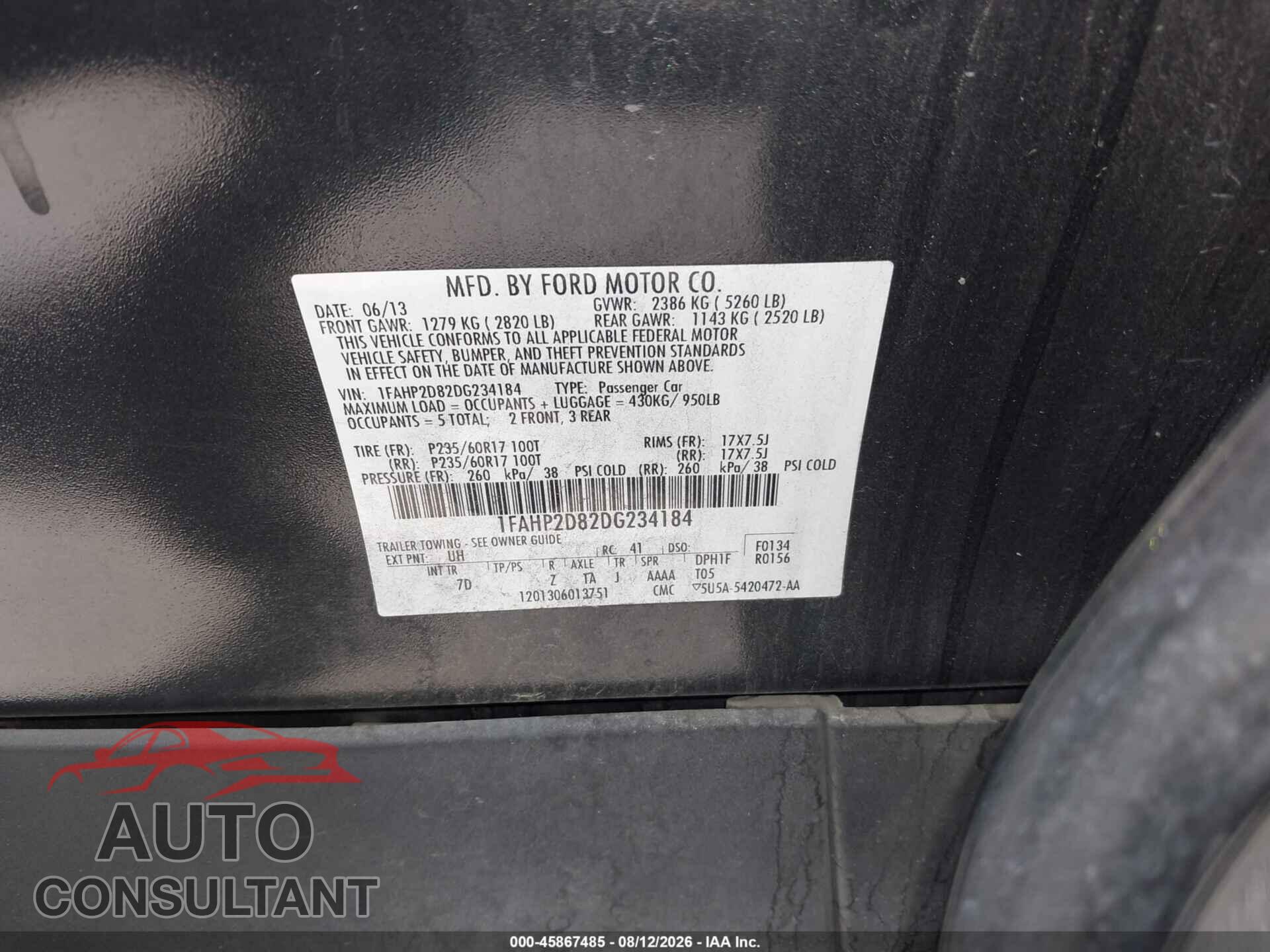 FORD TAURUS 2013 - 1FAHP2D82DG234184