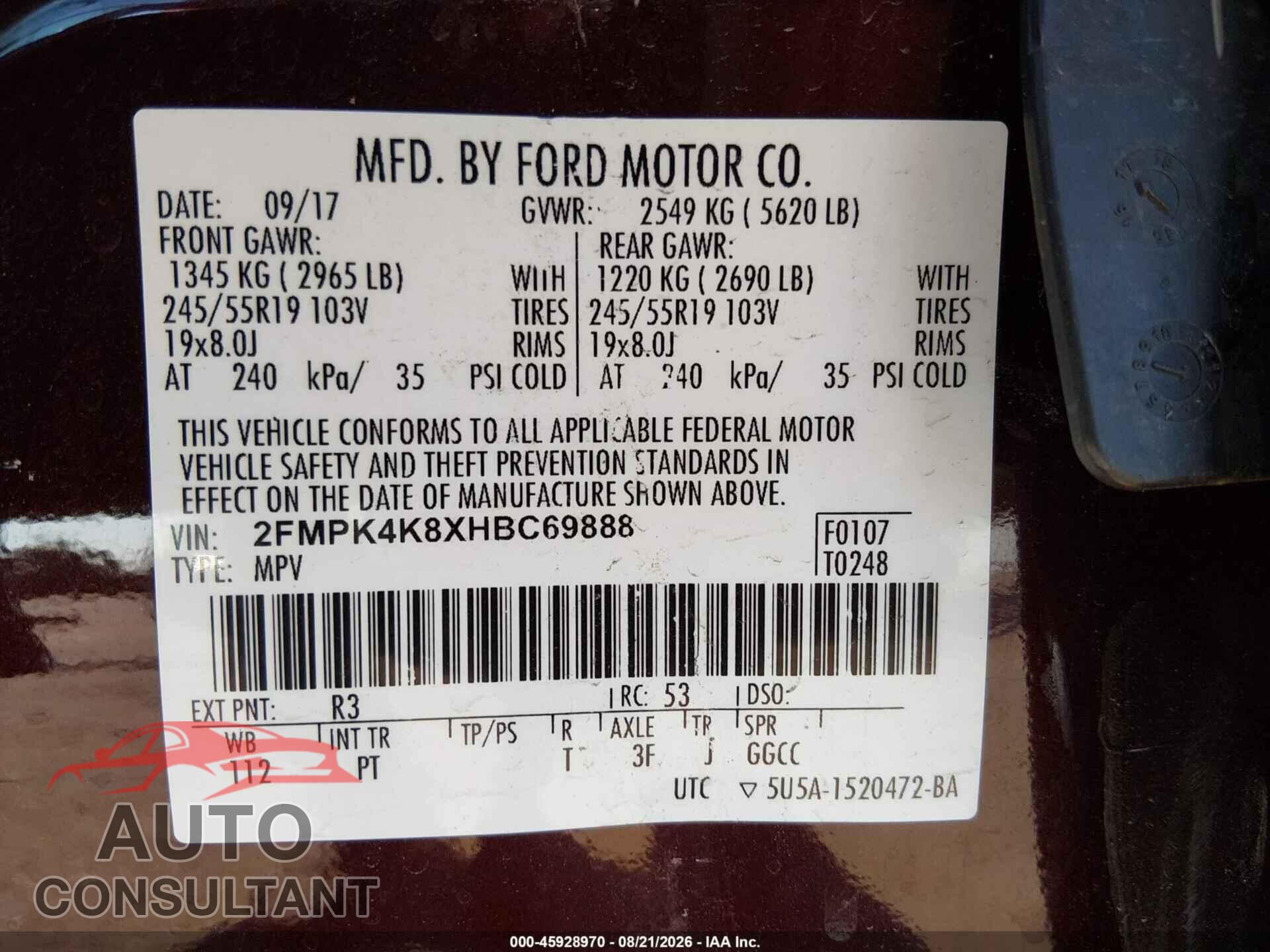 FORD EDGE 2017 - 2FMPK4K8XHBC69888