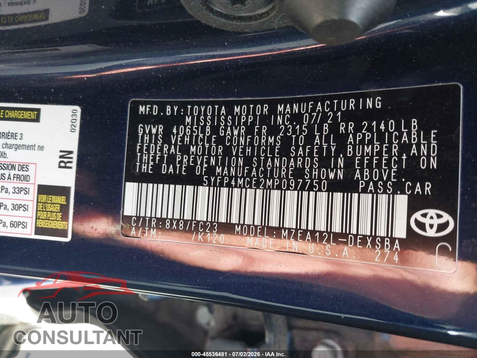TOYOTA COROLLA 2021 - 5YFP4MCE2MP097750