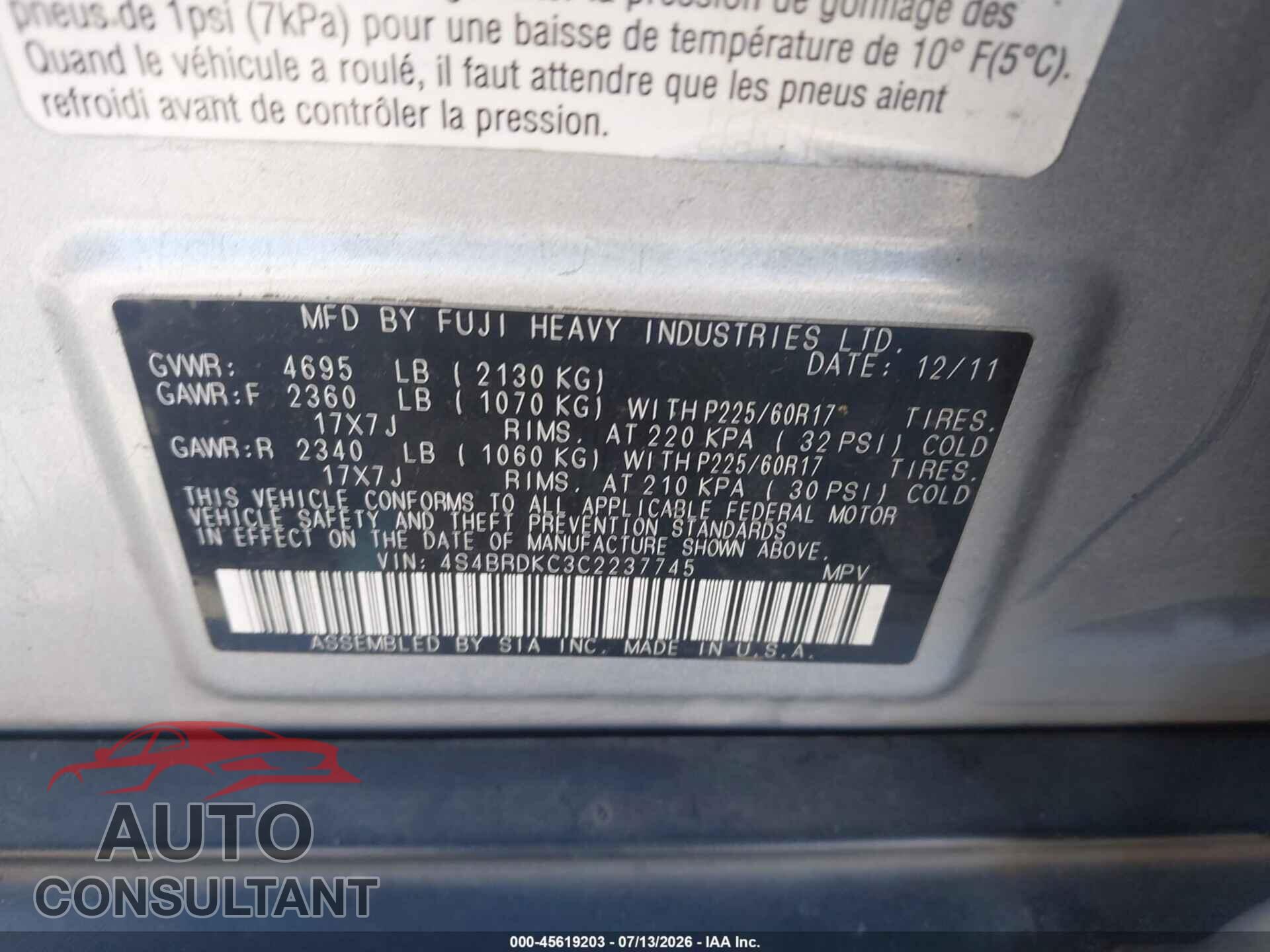SUBARU OUTBACK 2012 - 4S4BRDKC3C2237745