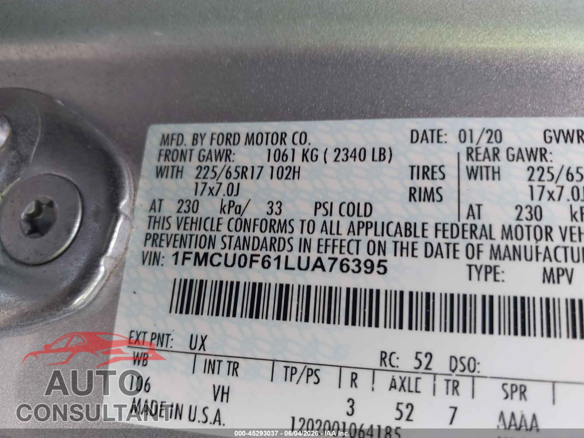 FORD ESCAPE 2020 - 1FMCU0F61LUA76395
