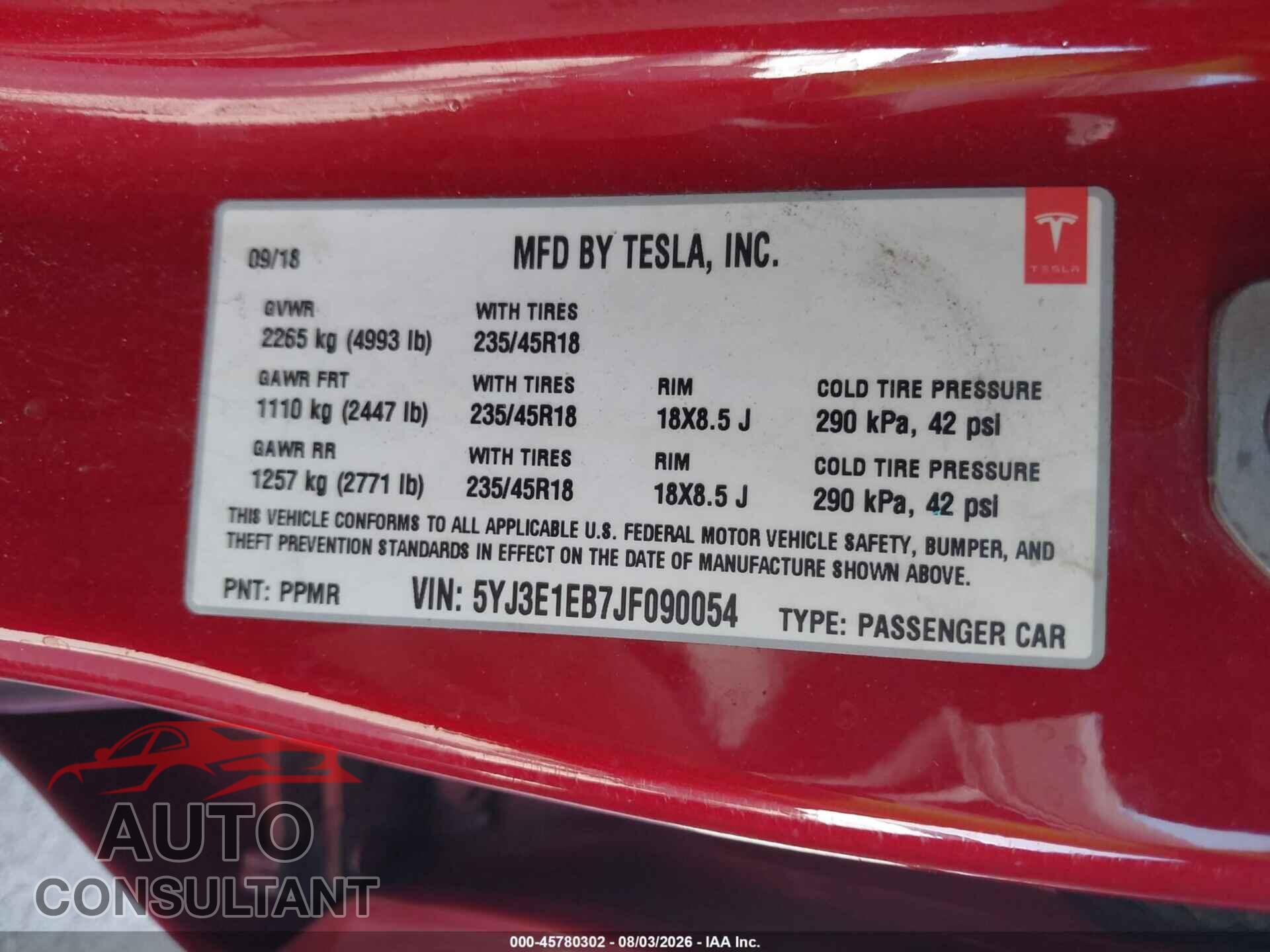 TESLA MODEL 3 2018 - 5YJ3E1EB7JF090054