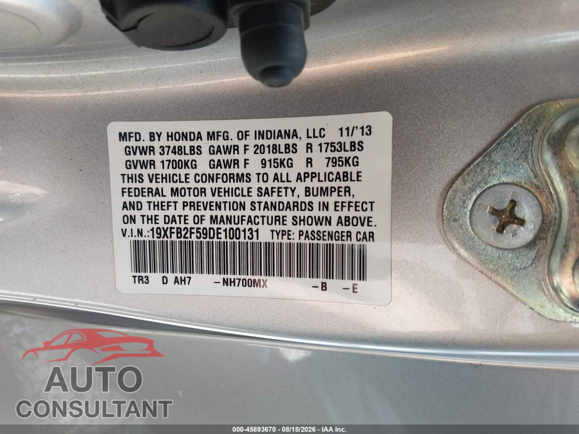 HONDA CIVIC 2013 - 19XFB2F59DE100131