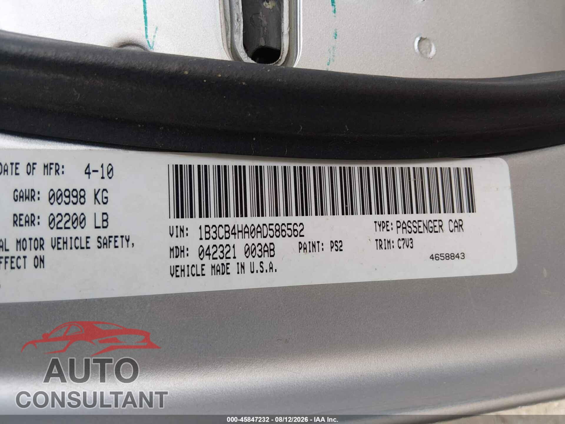 DODGE CALIBER 2010 - 1B3CB4HA0AD586562