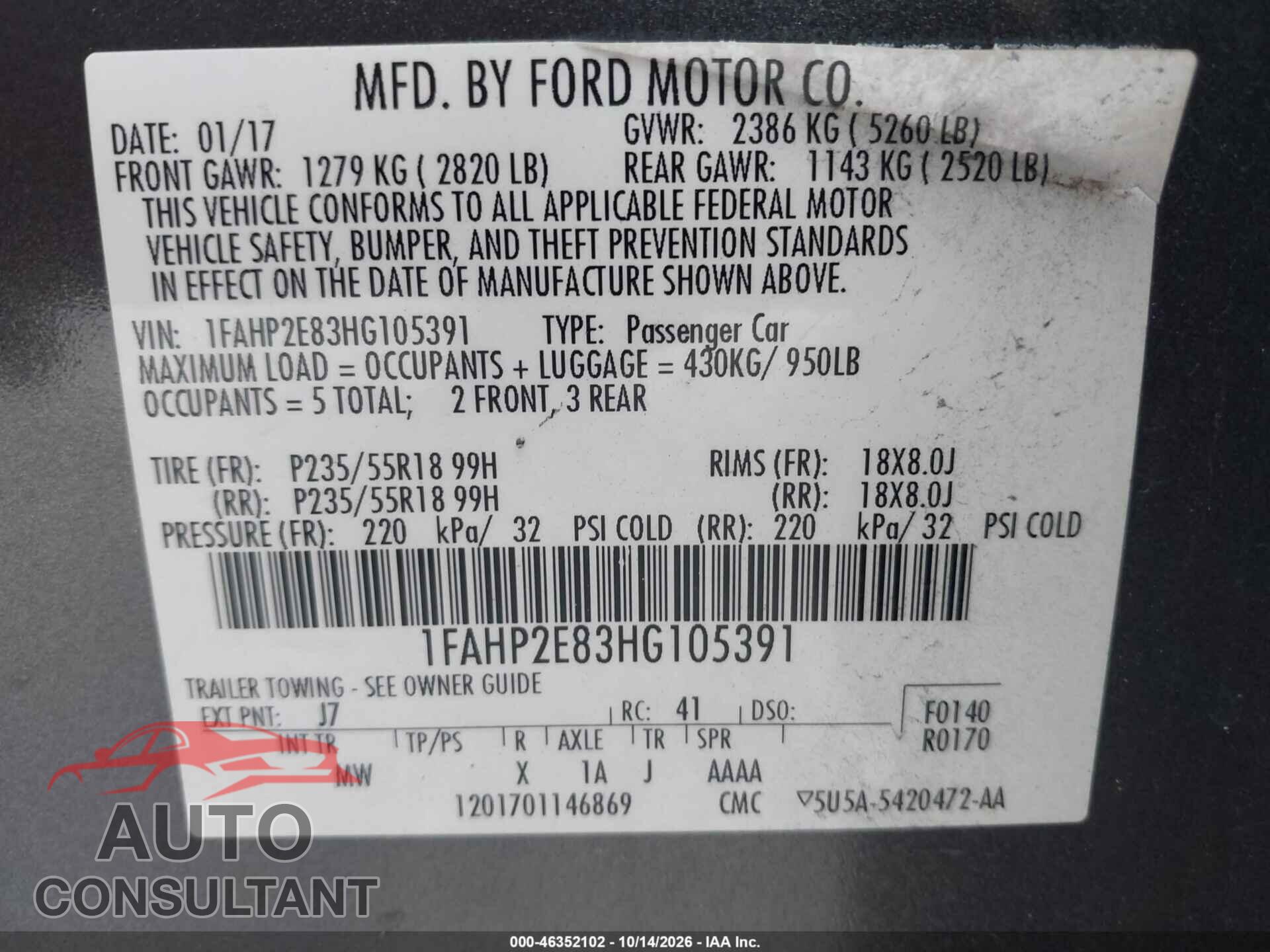 FORD TAURUS 2017 - 1FAHP2E83HG105391