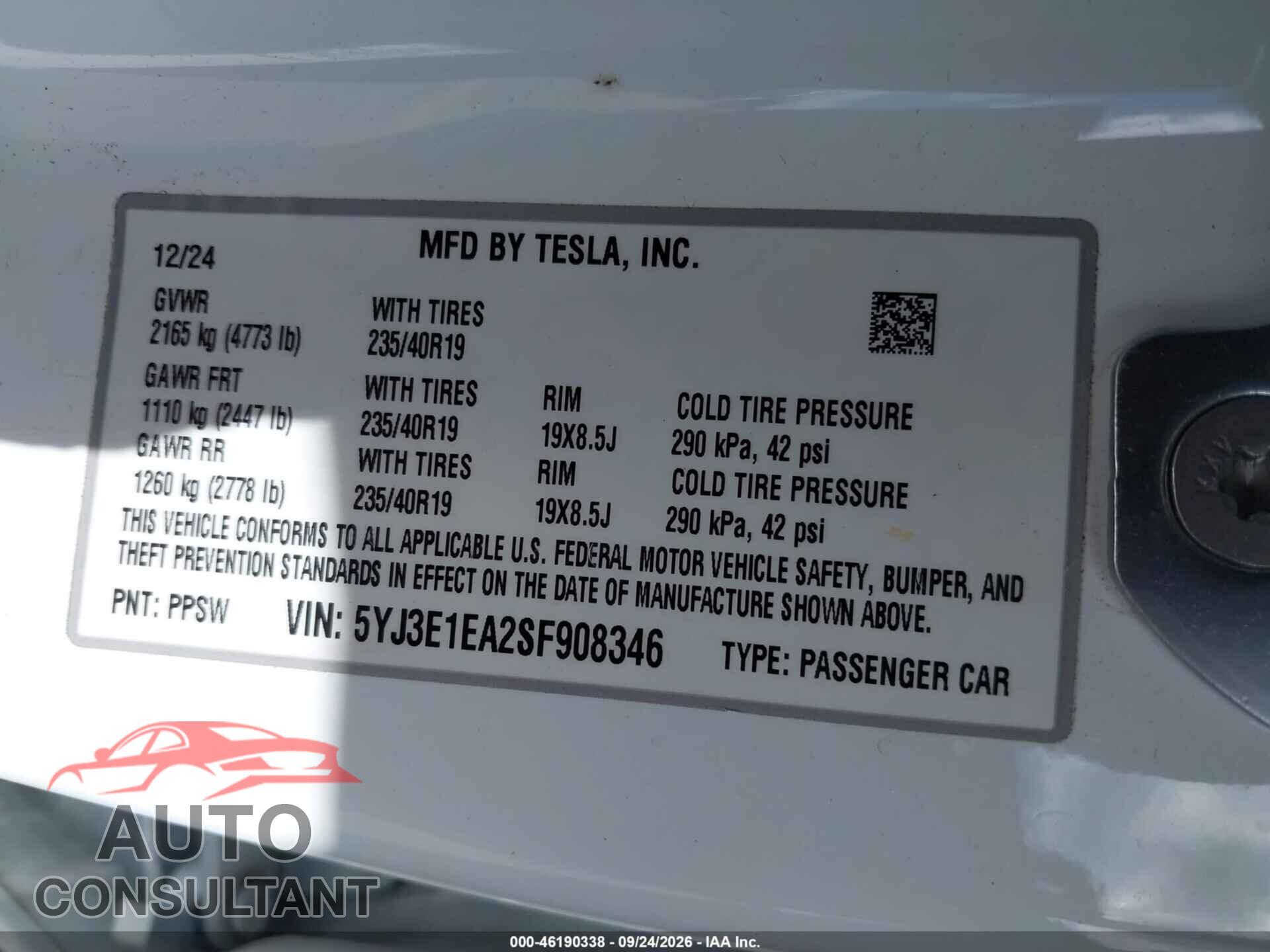 TESLA MODEL 3 2025 - 5YJ3E1EA2SF908346