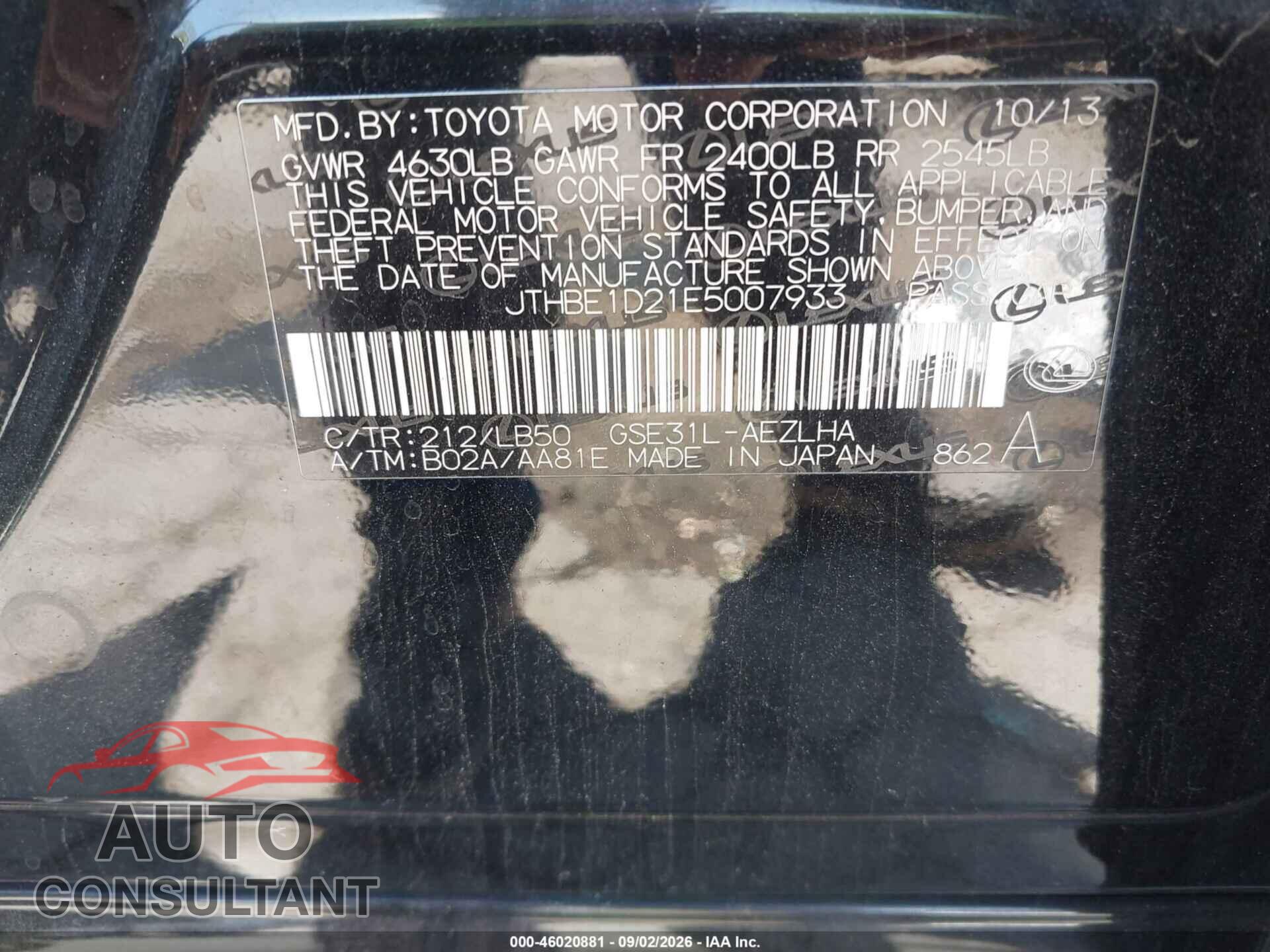 LEXUS IS 350 2014 - JTHBE1D21E5007933