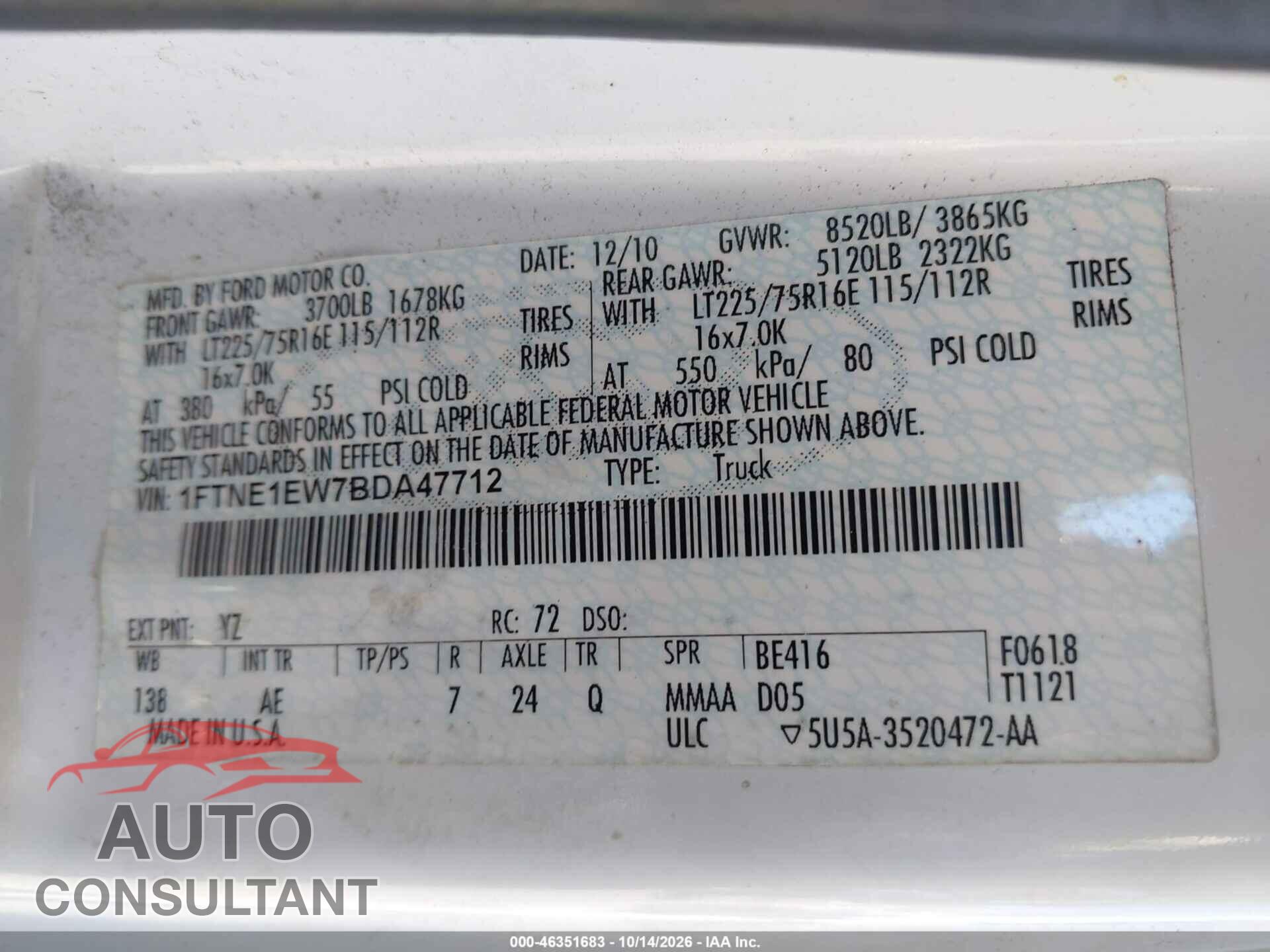 FORD E-150 2011 - 1FTNE1EW7BDA47712