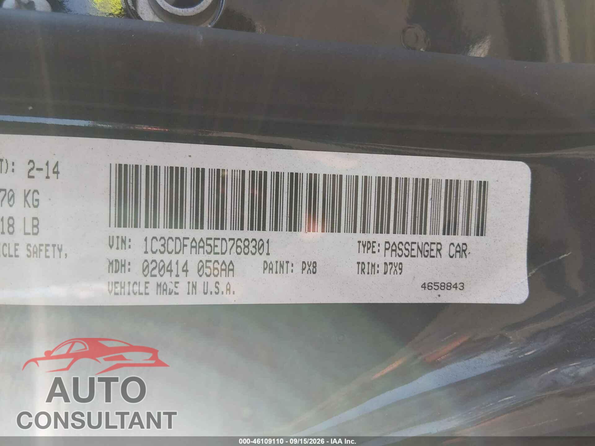 DODGE DART 2014 - 1C3CDFAA5ED768301