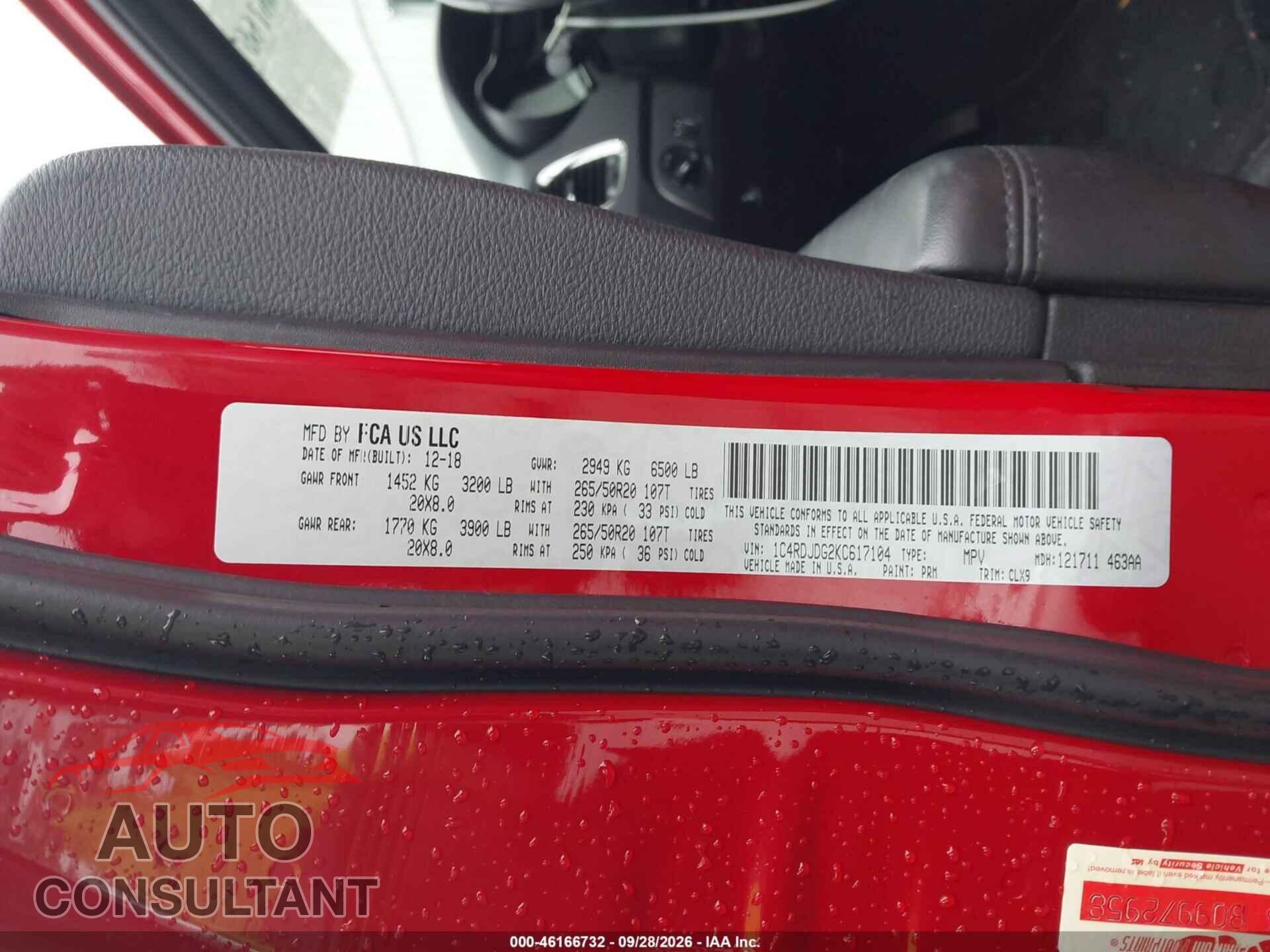 DODGE DURANGO 2019 - 1C4RDJDG2KC617104