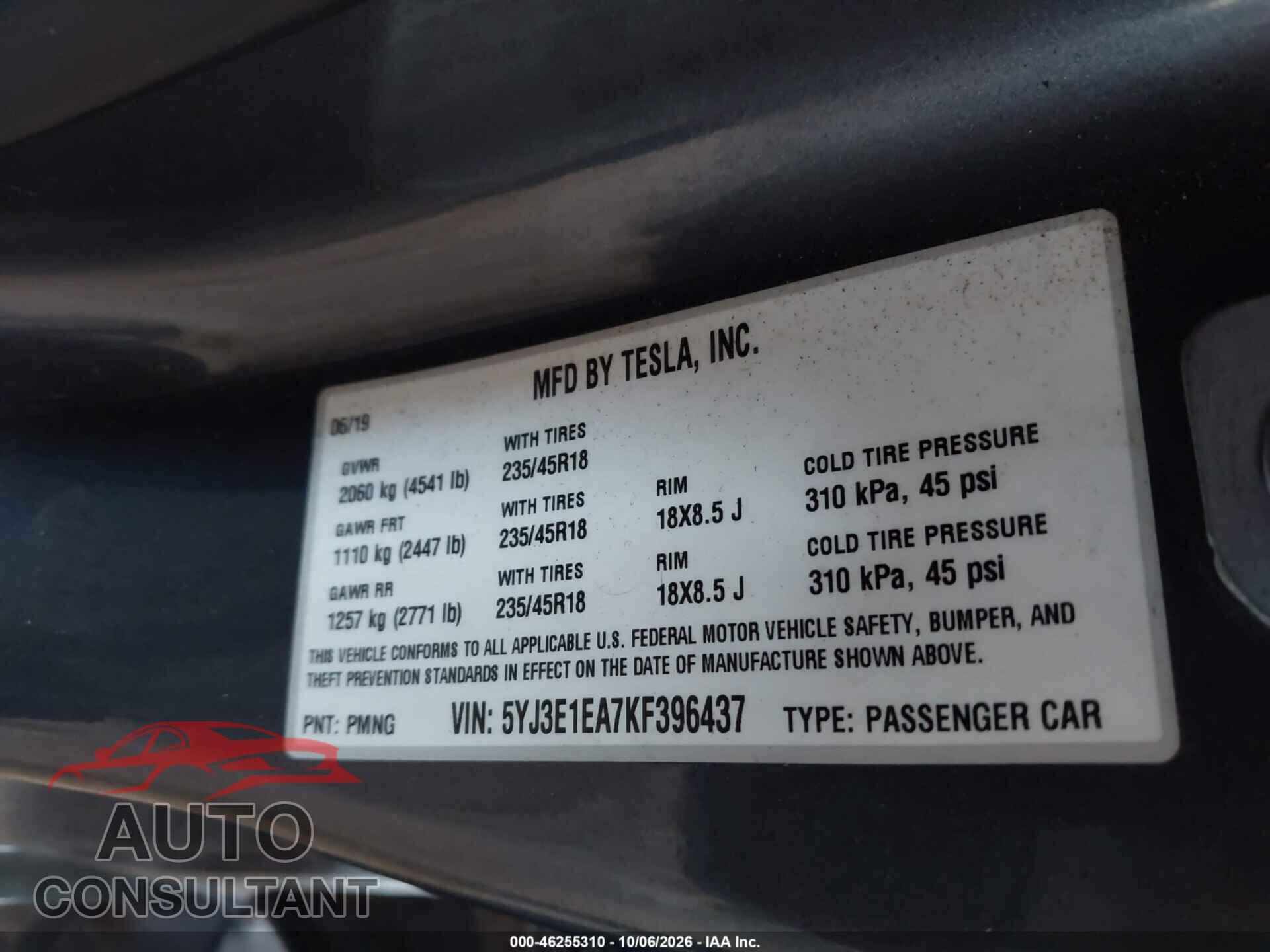TESLA MODEL 3 2019 - 5YJ3E1EA7KF396437