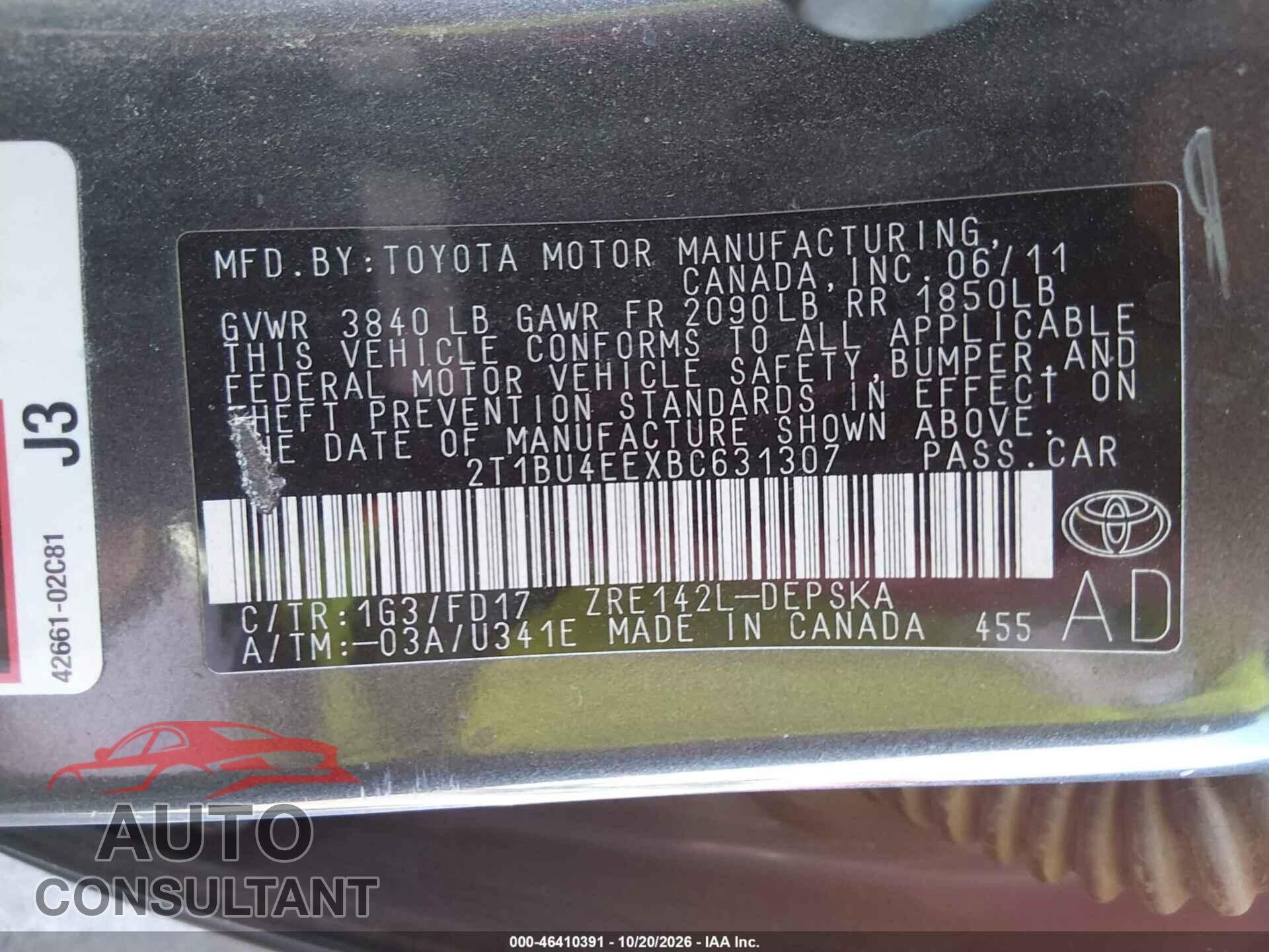 TOYOTA COROLLA 2011 - 2T1BU4EEXBC631307