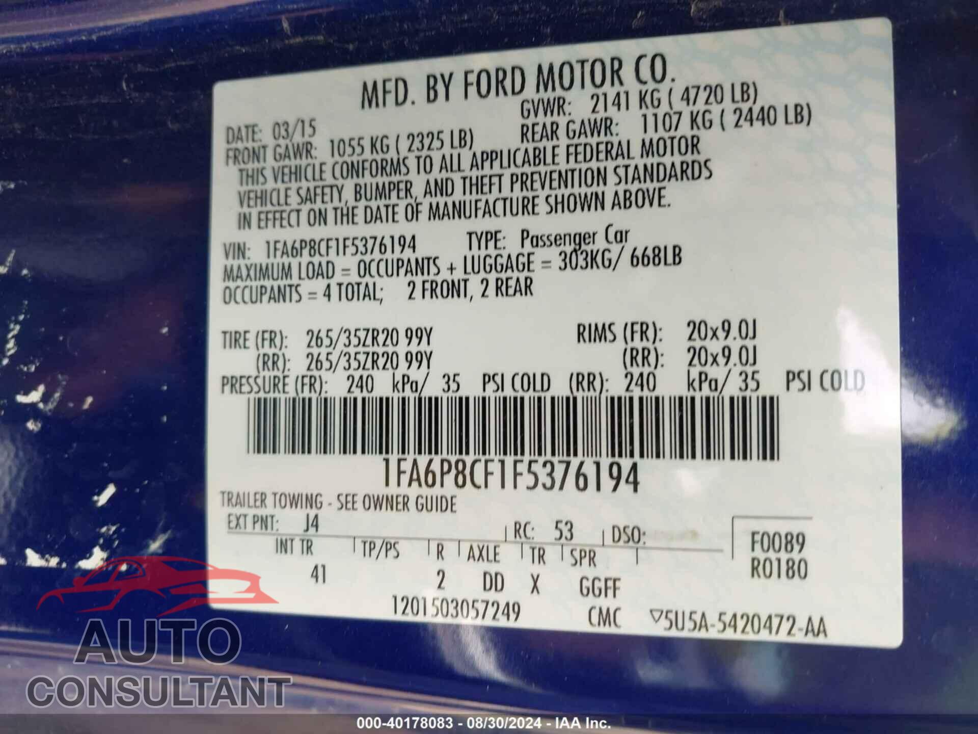 FORD MUSTANG 2015 - 1FA6P8CF1F5376194