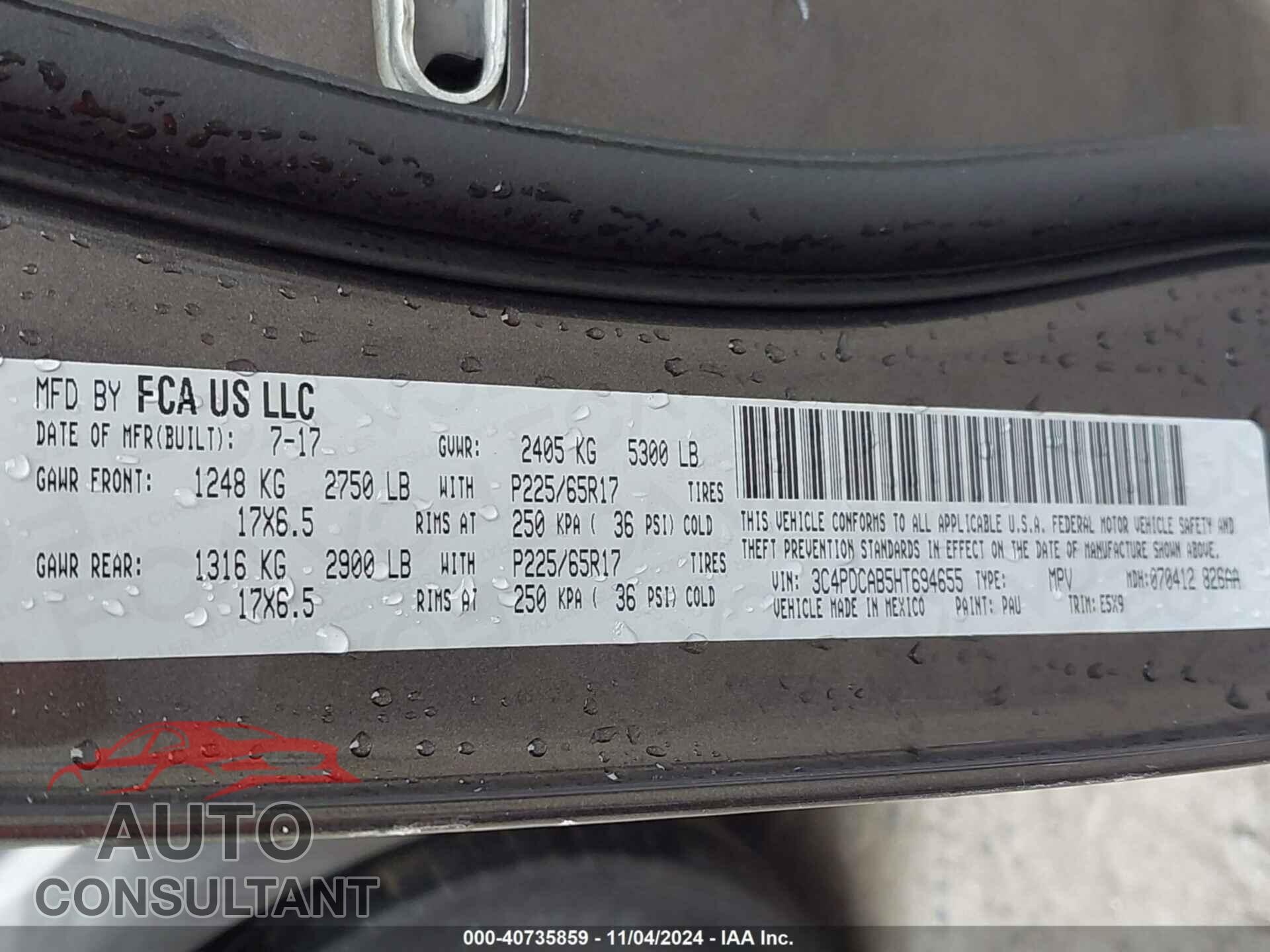DODGE JOURNEY 2017 - 3C4PDCAB5HT694655