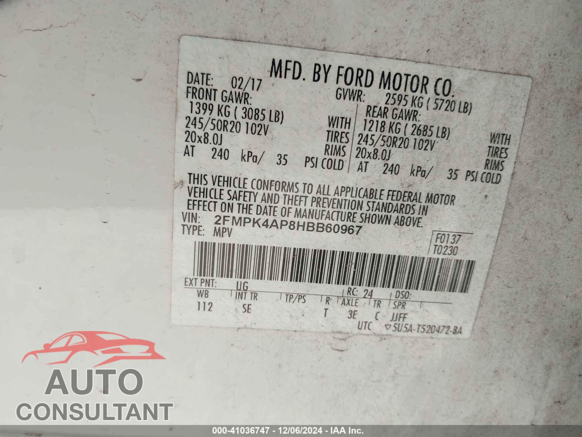 FORD EDGE 2017 - 2FMPK4AP8HBB60967