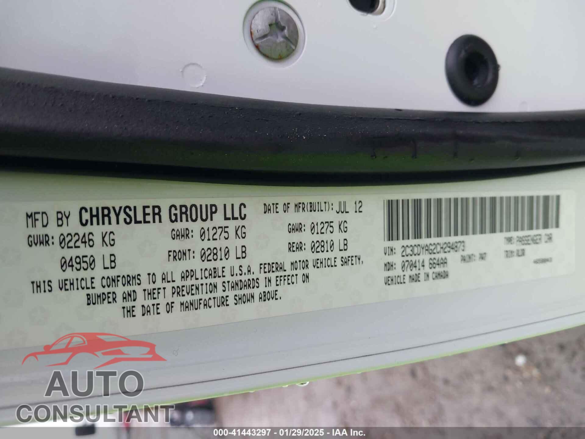 DODGE CHALLENGER 2012 - 2C3CDYAG2CH294873