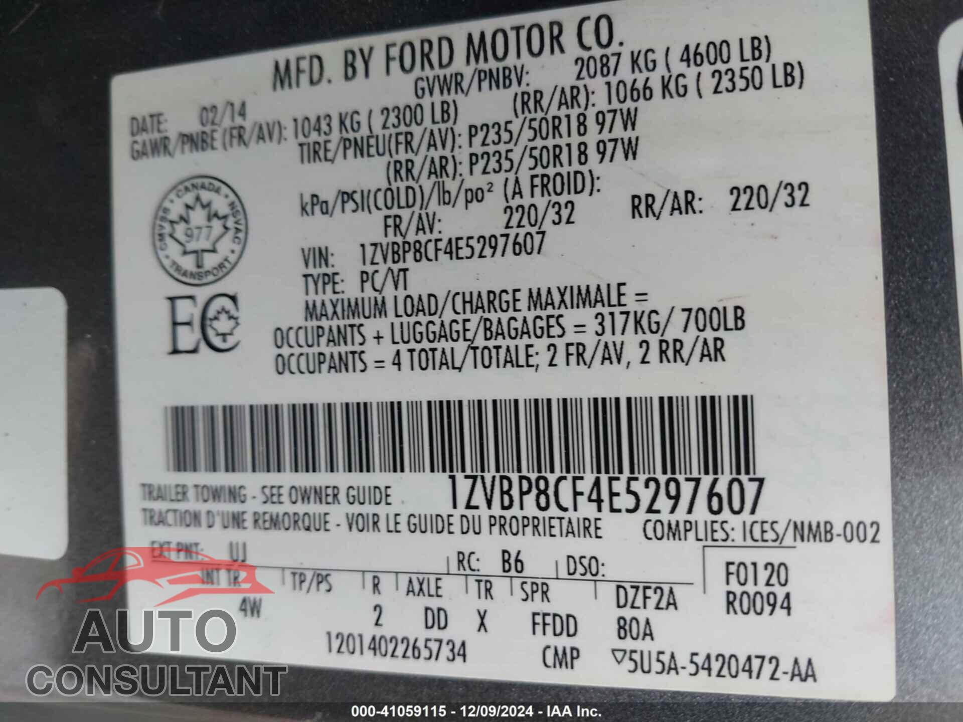 FORD MUSTANG 2014 - 1ZVBP8CF4E5297607