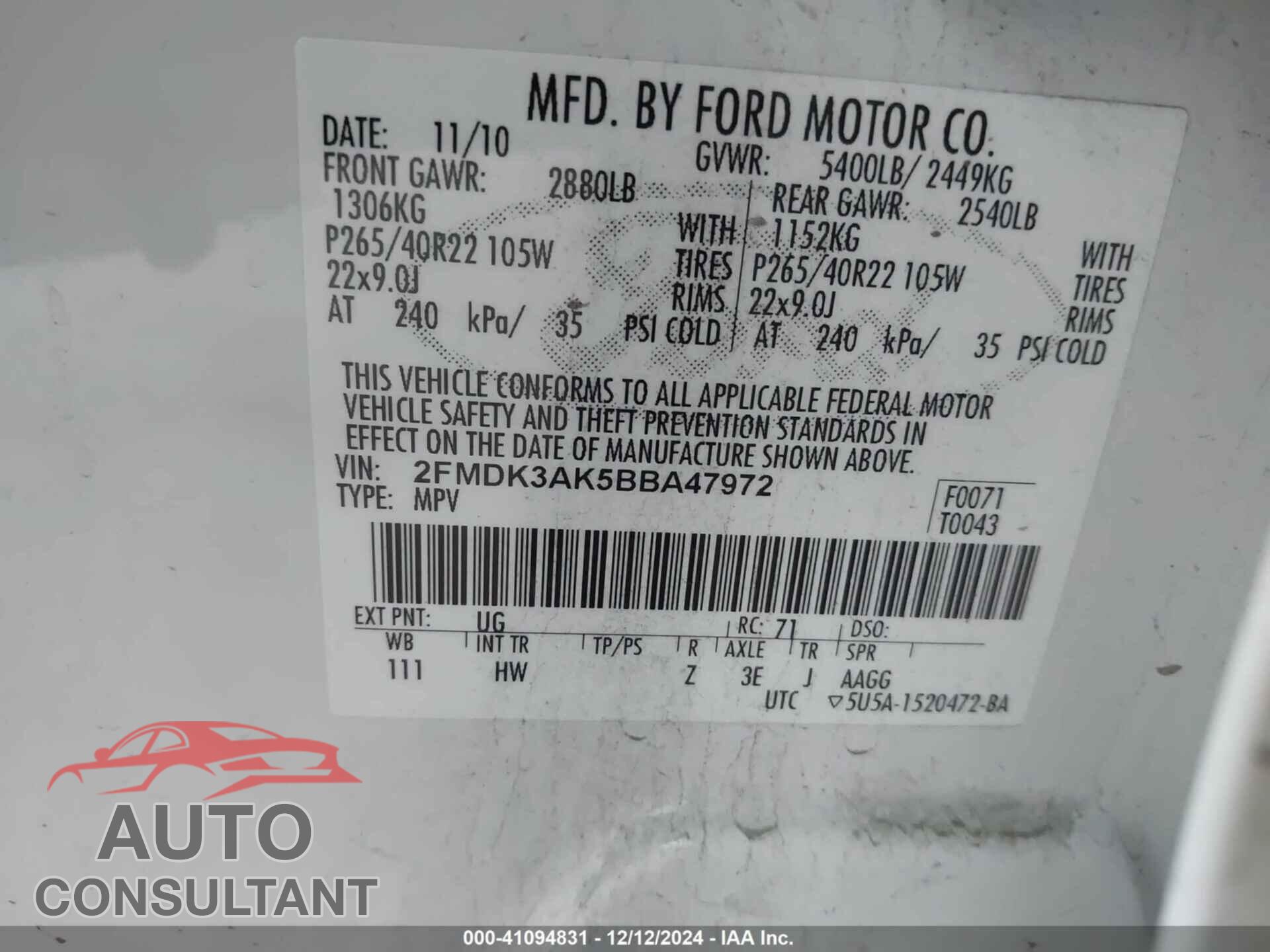 FORD EDGE 2011 - 2FMDK3AK5BBA47972