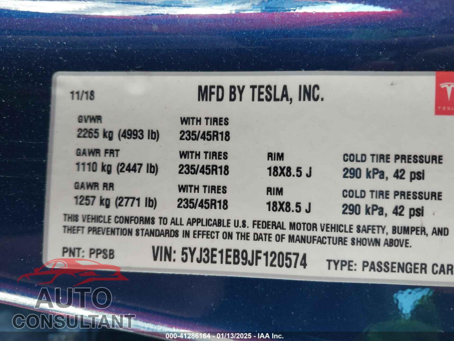 TESLA MODEL 3 2018 - 5YJ3E1EB9JF120574